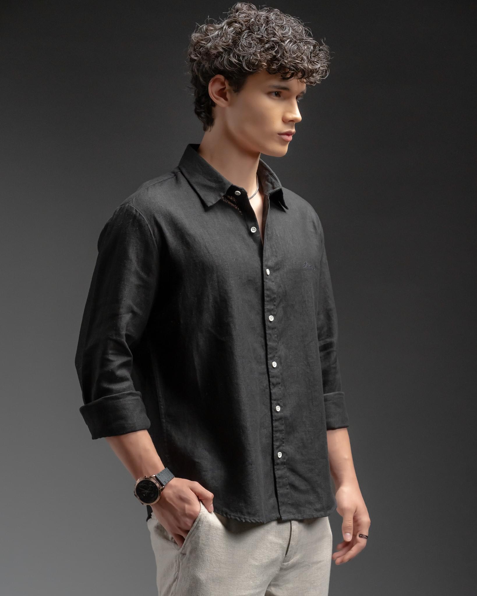 Snowpard Lucca Linen Shirt Black — three quarter view, premium linen men's shirt