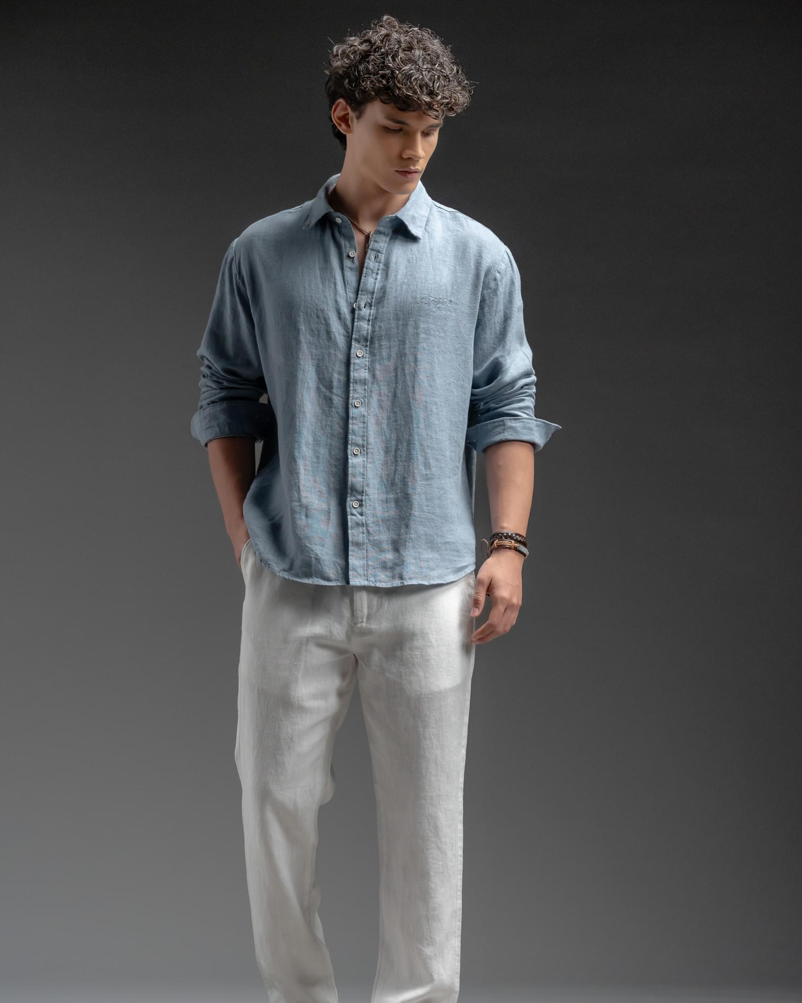 Snowpard Lucca Linen Shirt Blue — full length, premium menswear India