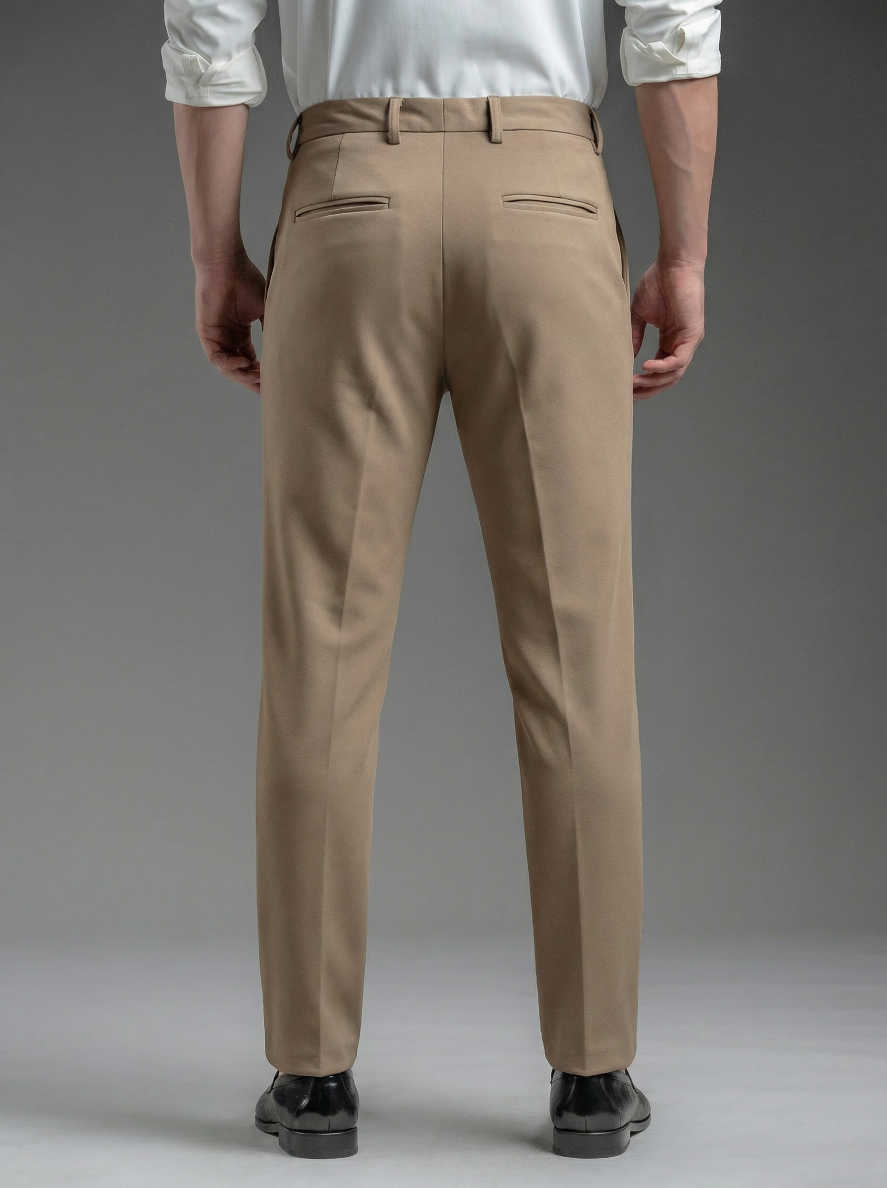 Snowpard Lyon Stretch Trouser Beige — back view, men's formal stretch trouser Bangalore