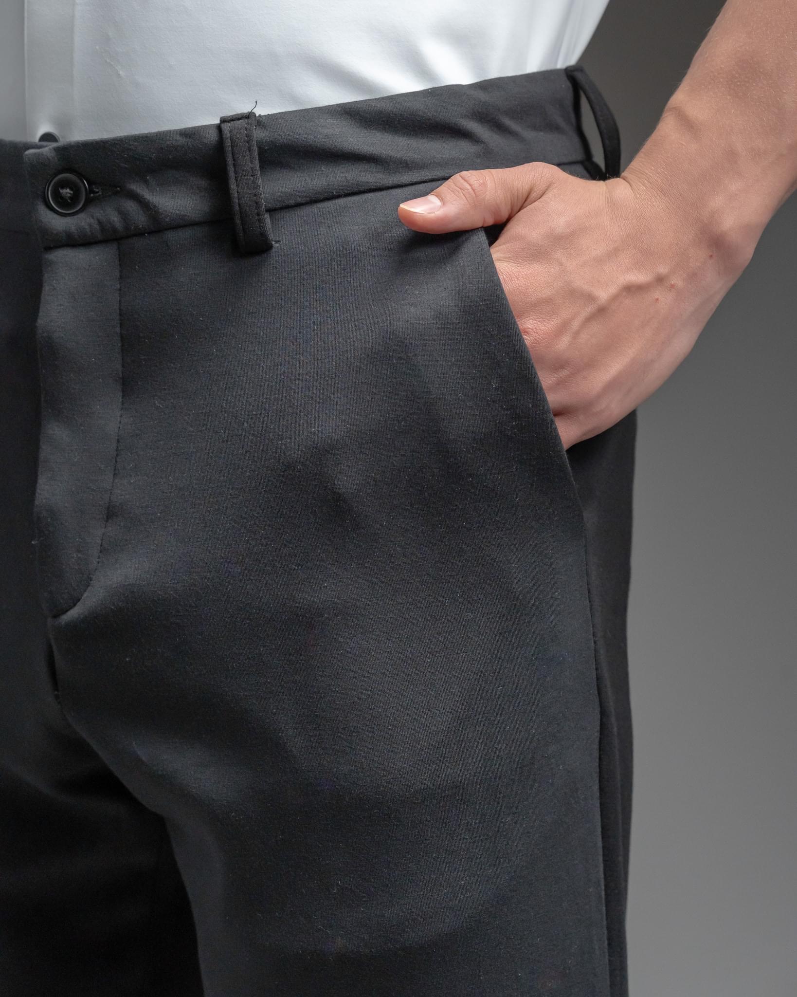 Snowpard Lyon Stretch Trouser Black — waistband detail, scuba stretch trouser
