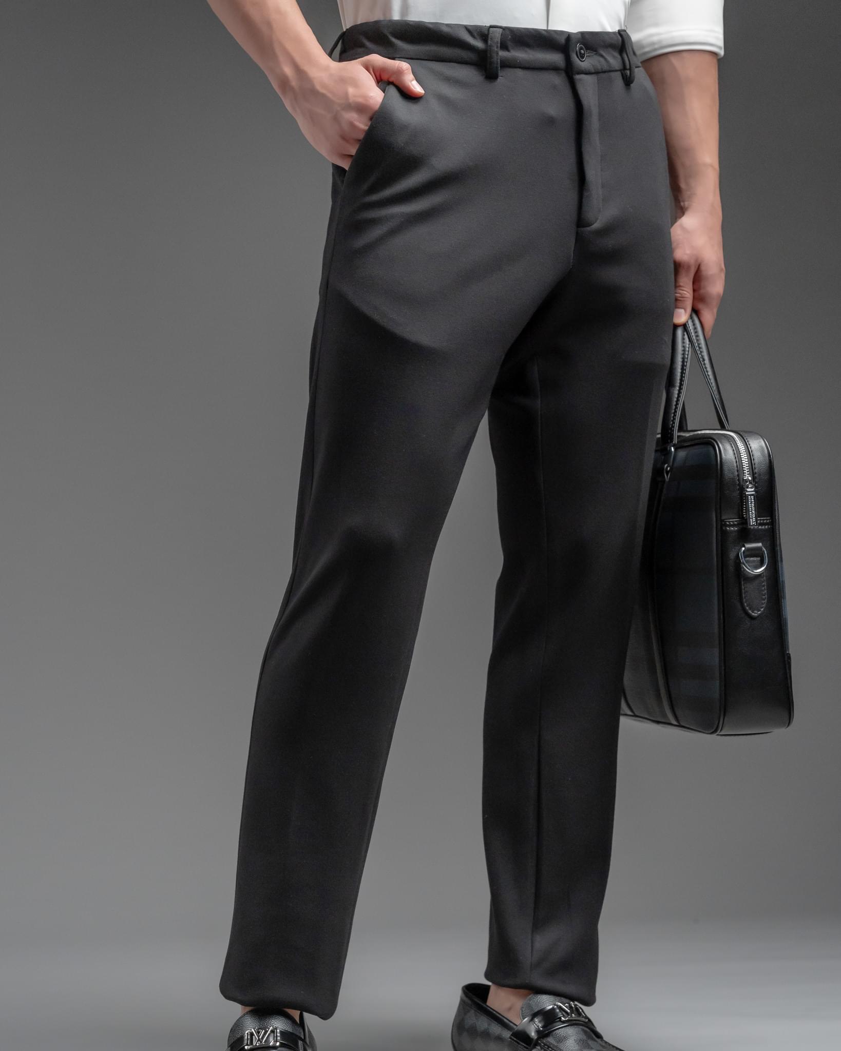 Snowpard Lyon Stretch Trouser Black — full length, luxury menswear India