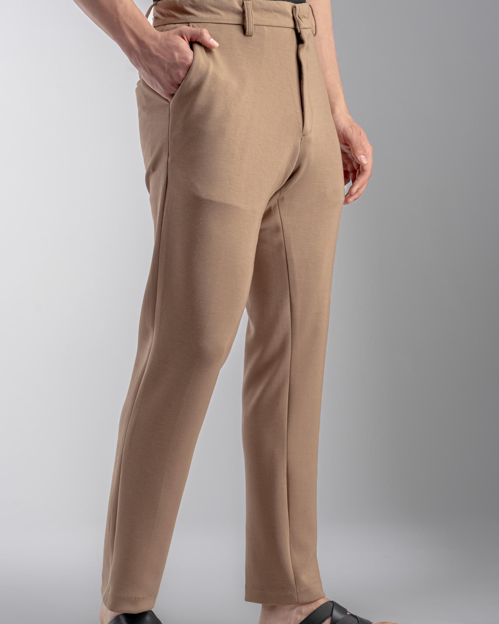 Snowpard Lyon Stretch Trouser Brown — three quarter view, premium stretch bottoms
