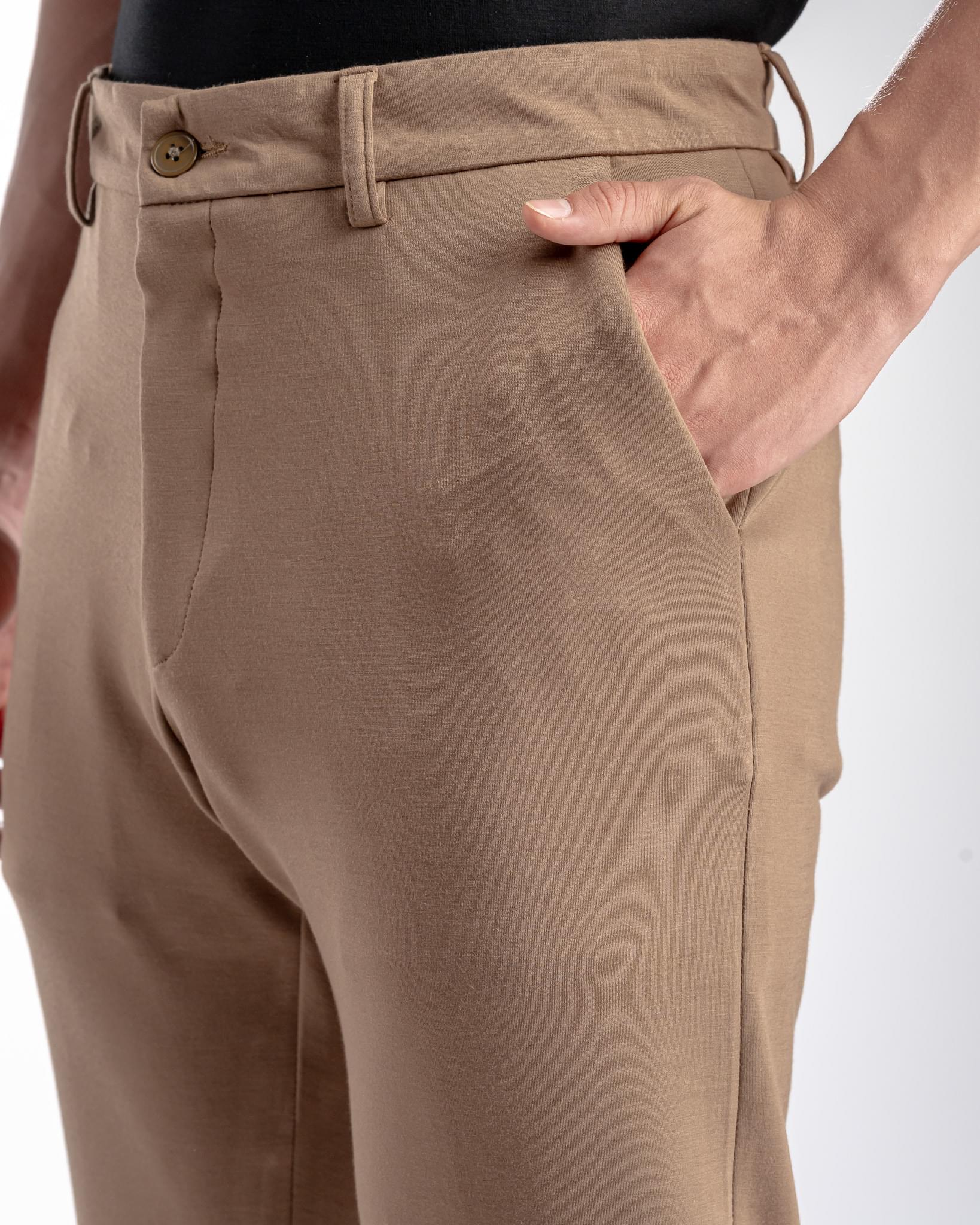 Snowpard Lyon Stretch Trouser Brown — waistband detail, scuba stretch trouser