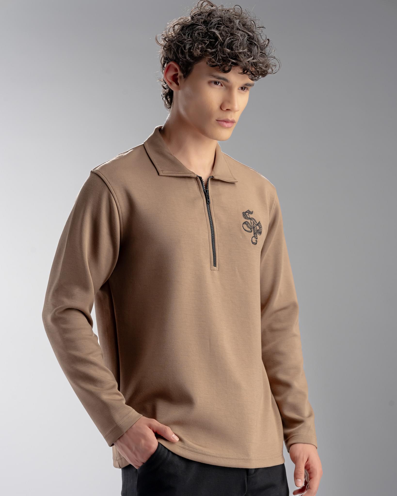 Snowpard Milan Long Sleeve Zip Polo Brown — side view, scuba fabric long sleeve polo