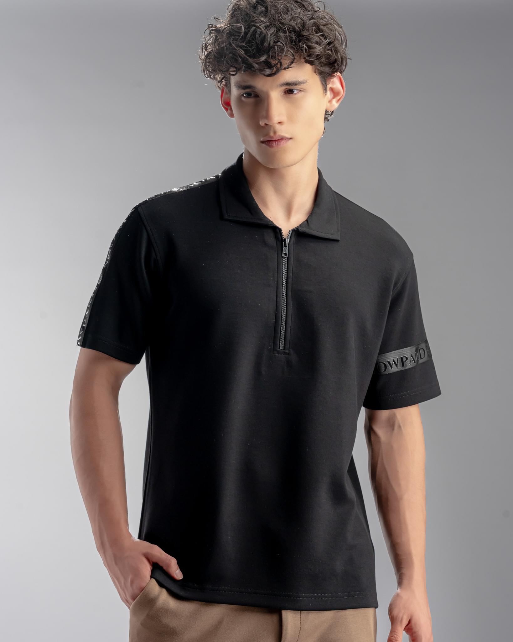 Snowpard Milan Zip Polo Black — front view, men's zip collar polo shirt India