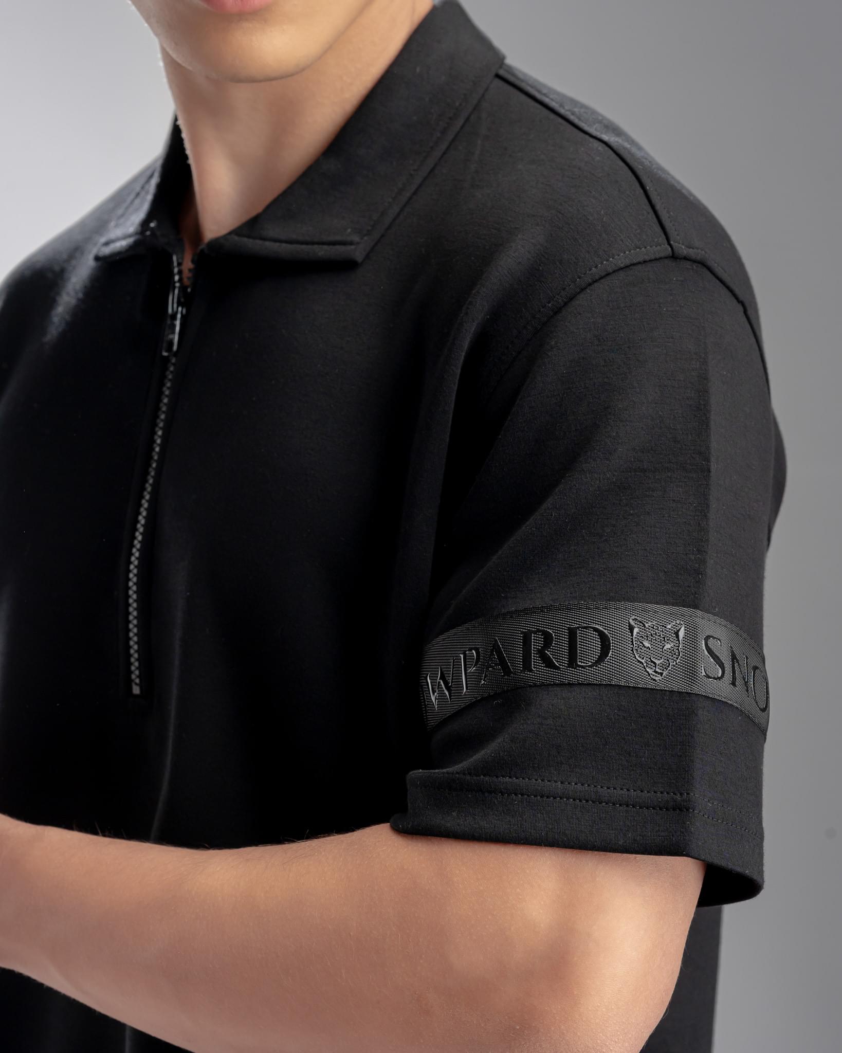 Snowpard Milan Zip Polo Black — collar zip detail, premium polo shirt India
