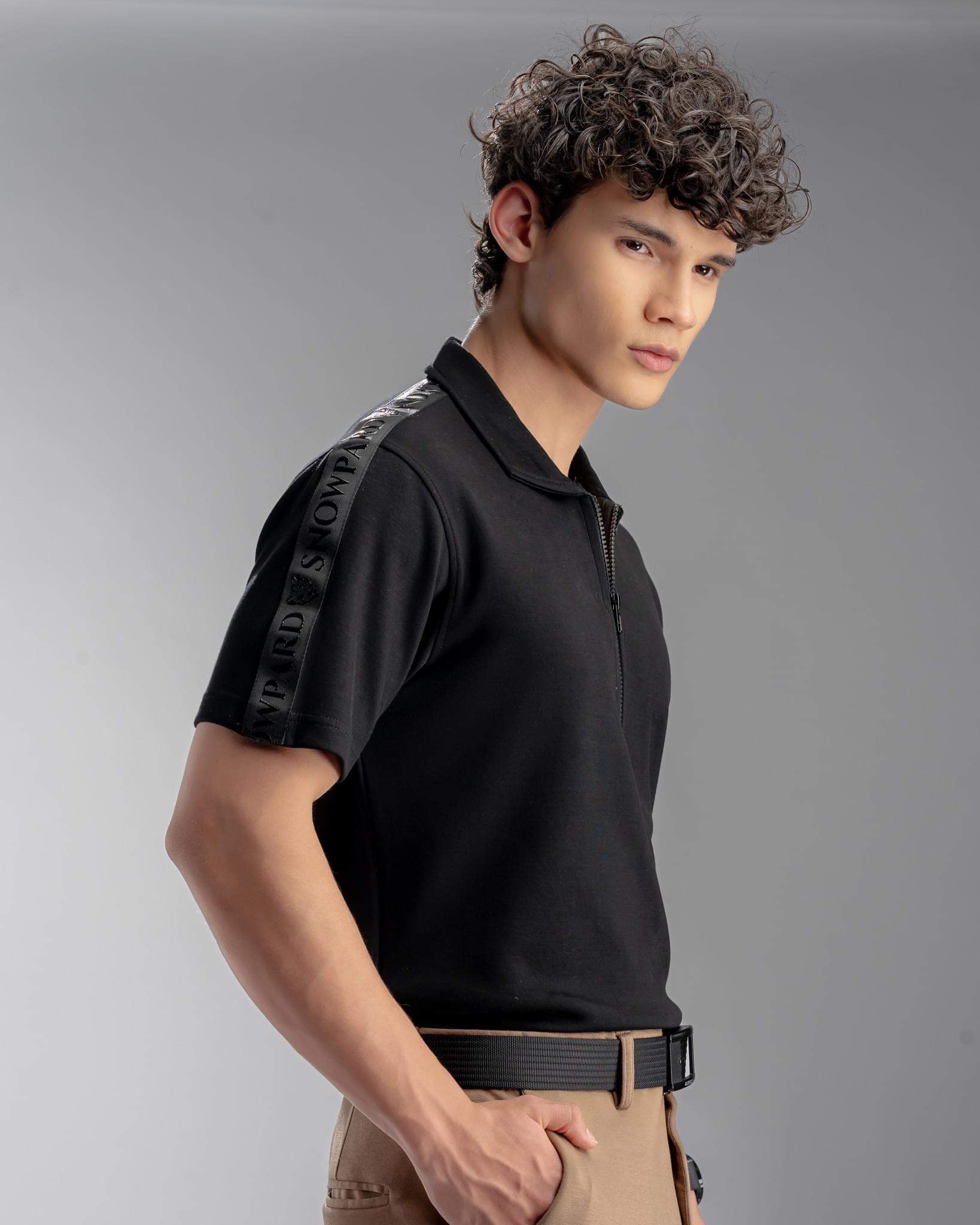 Snowpard Milan Zip Polo Black — full length, luxury menswear India