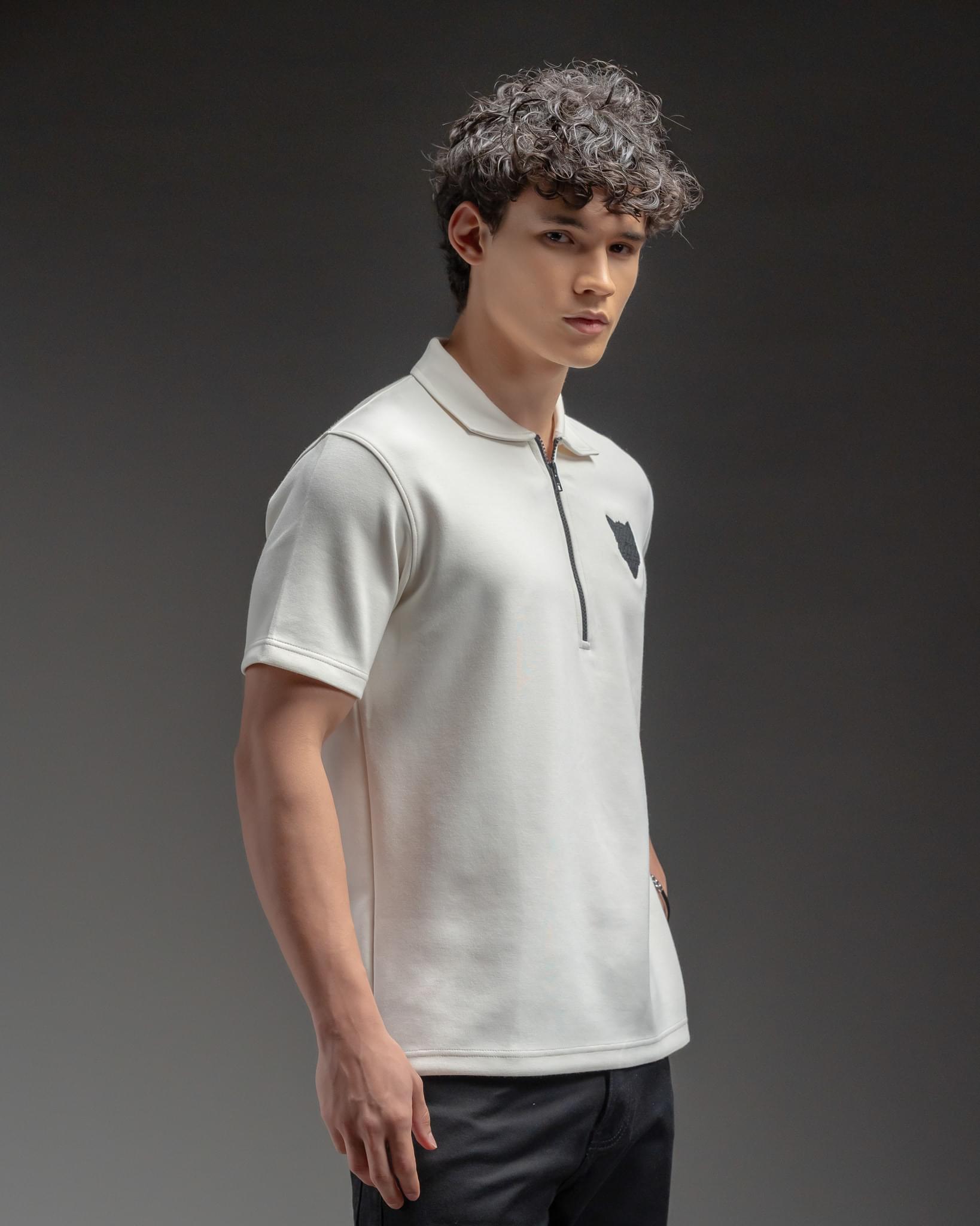 Snowpard Milan Zip Polo White — collar zip detail, premium polo shirt India
