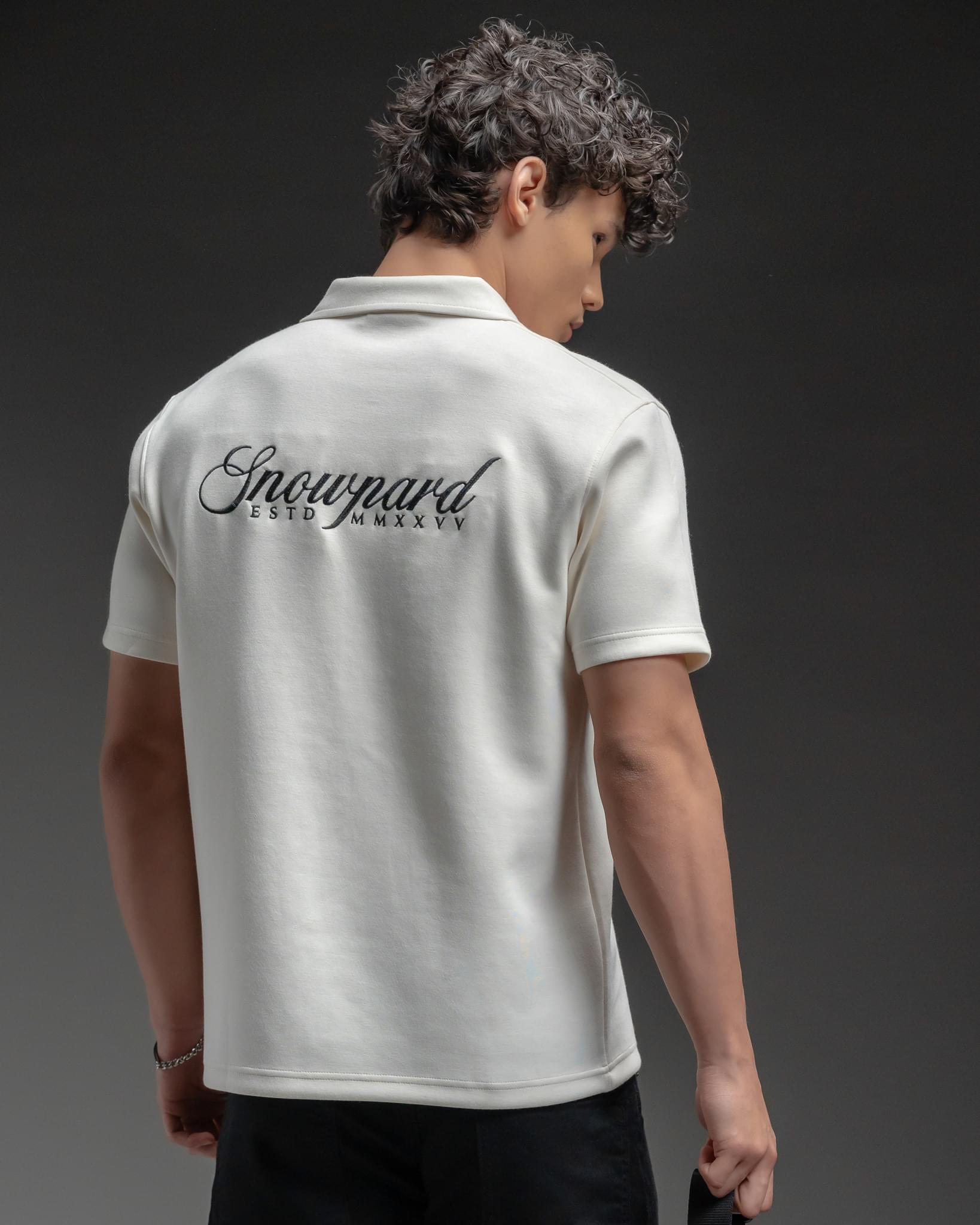 Snowpard Milan Zip Polo White — full length, luxury menswear India