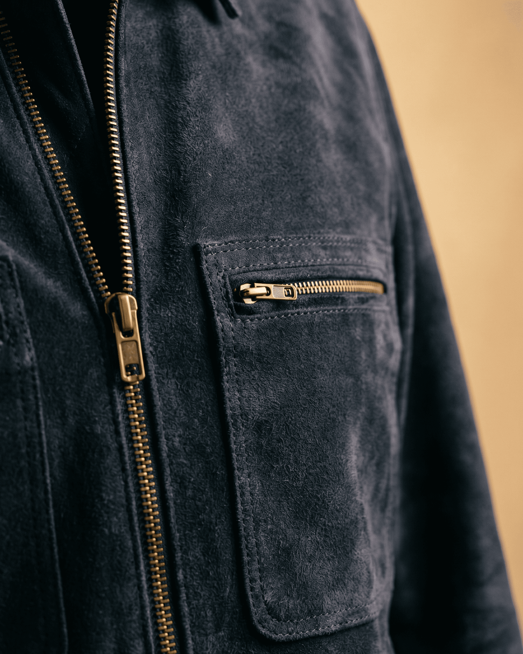 Snowpard Navy Blouson Suede Jacket — close-up suede texture, navy colorway