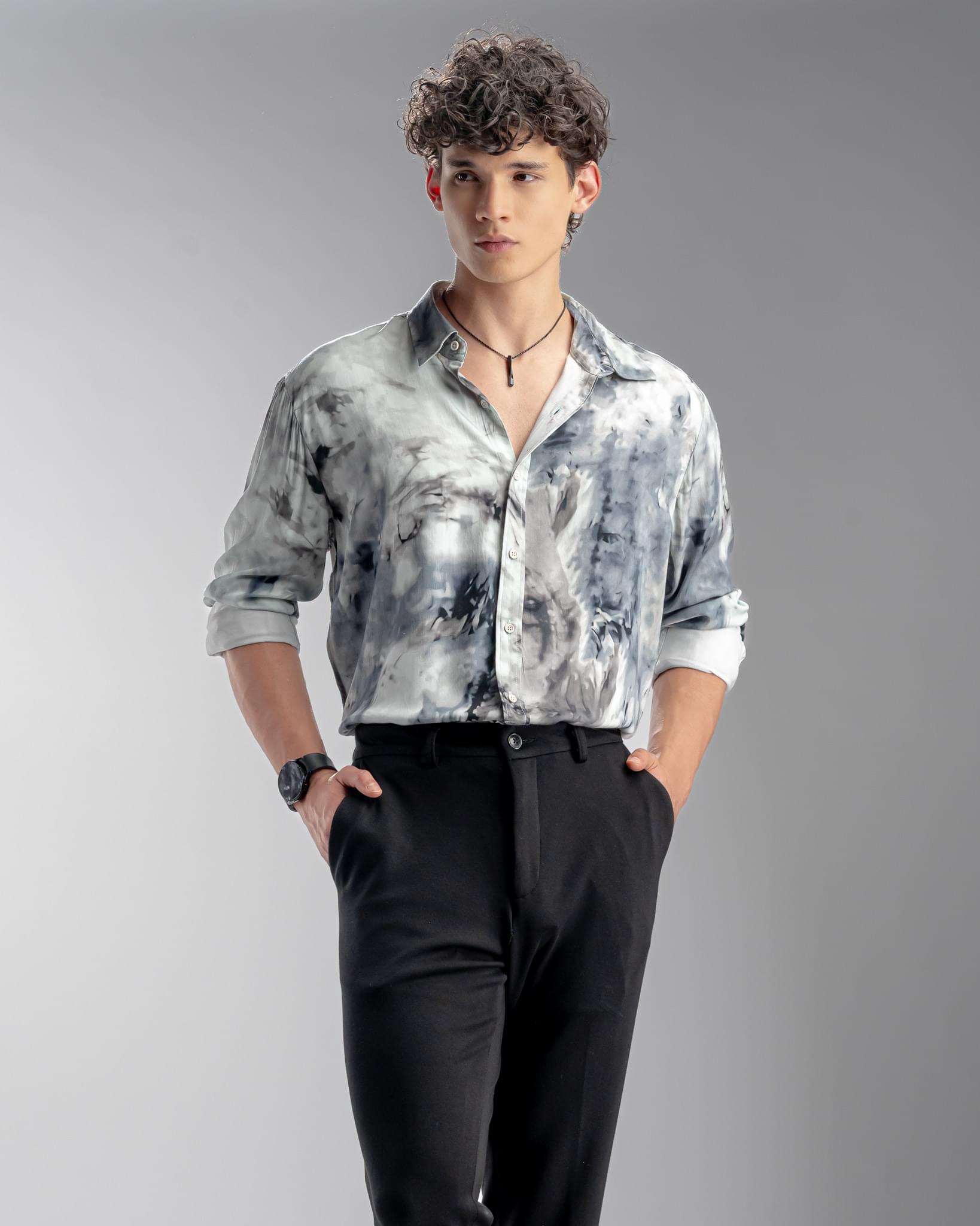 Snowpard Oslo Abstract Rayon Shirt Blue — full length, luxury menswear India