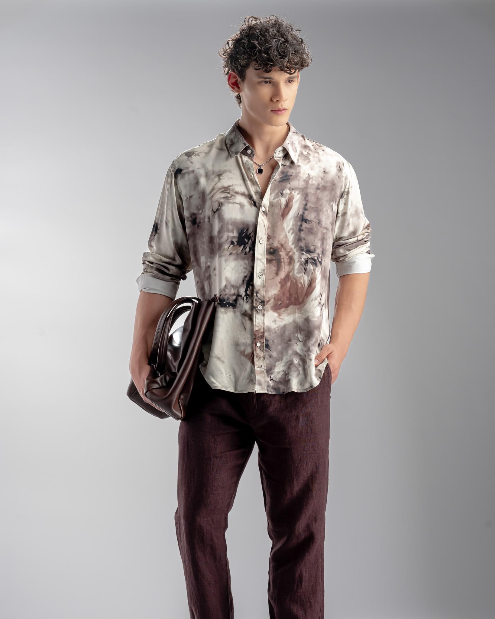 Snowpard Oslo Abstract Rayon Shirt Brown — full length, luxury menswear India