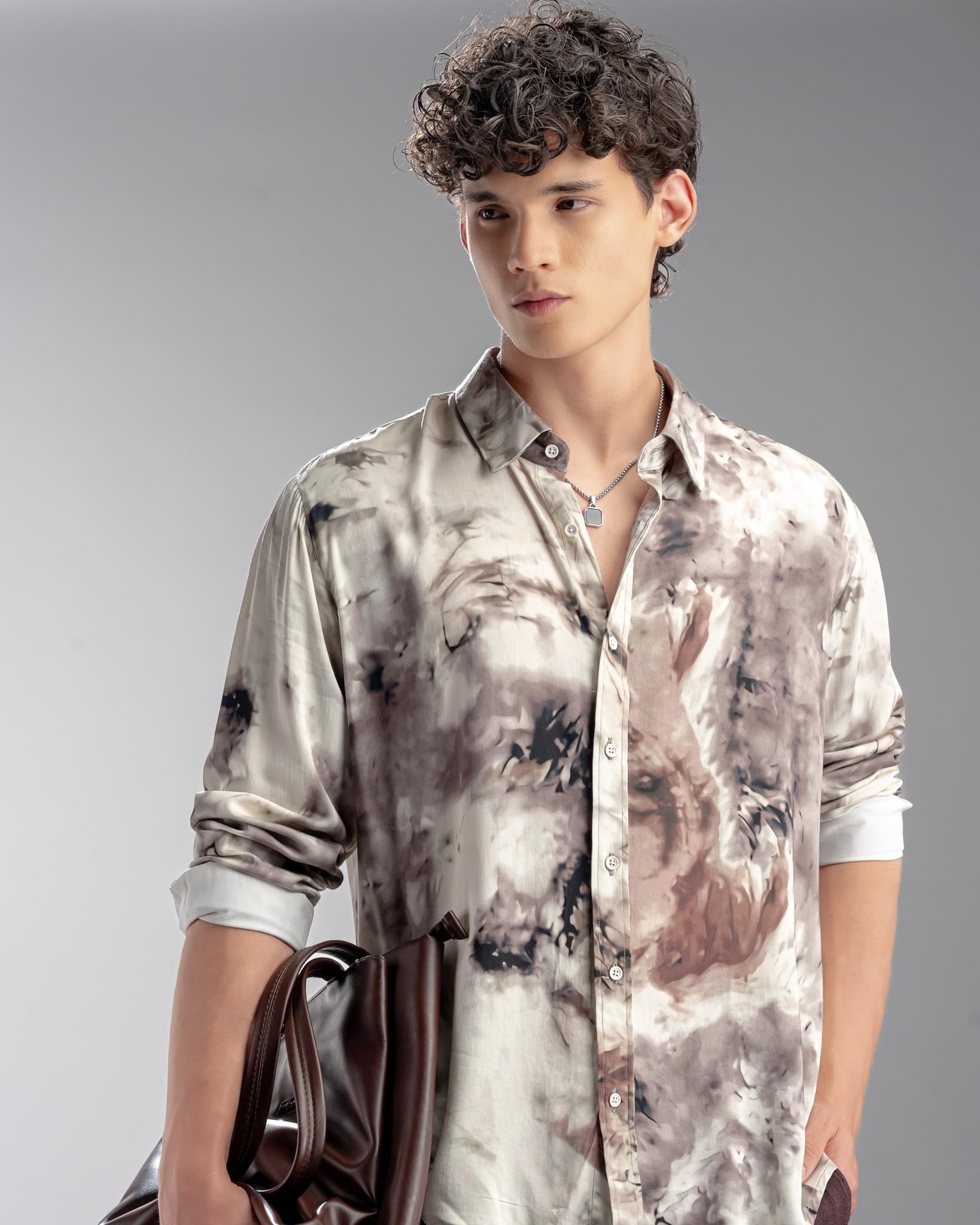 Snowpard Oslo Abstract Rayon Shirt Brown — model shot, men's designer rayon shirt