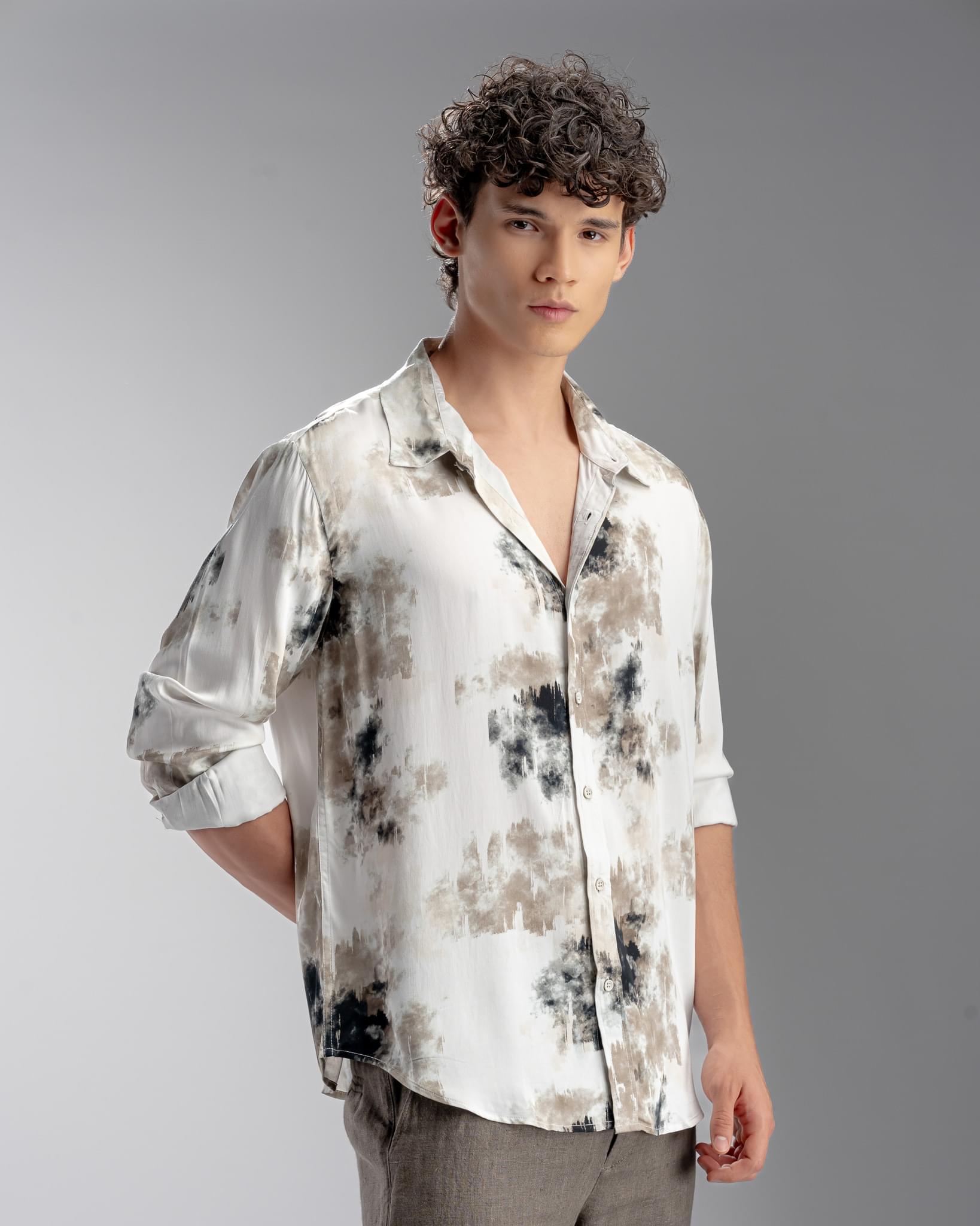 Snowpard Oslo Abstract Rayon Shirt Olive — three quarter view, printed casual shirt