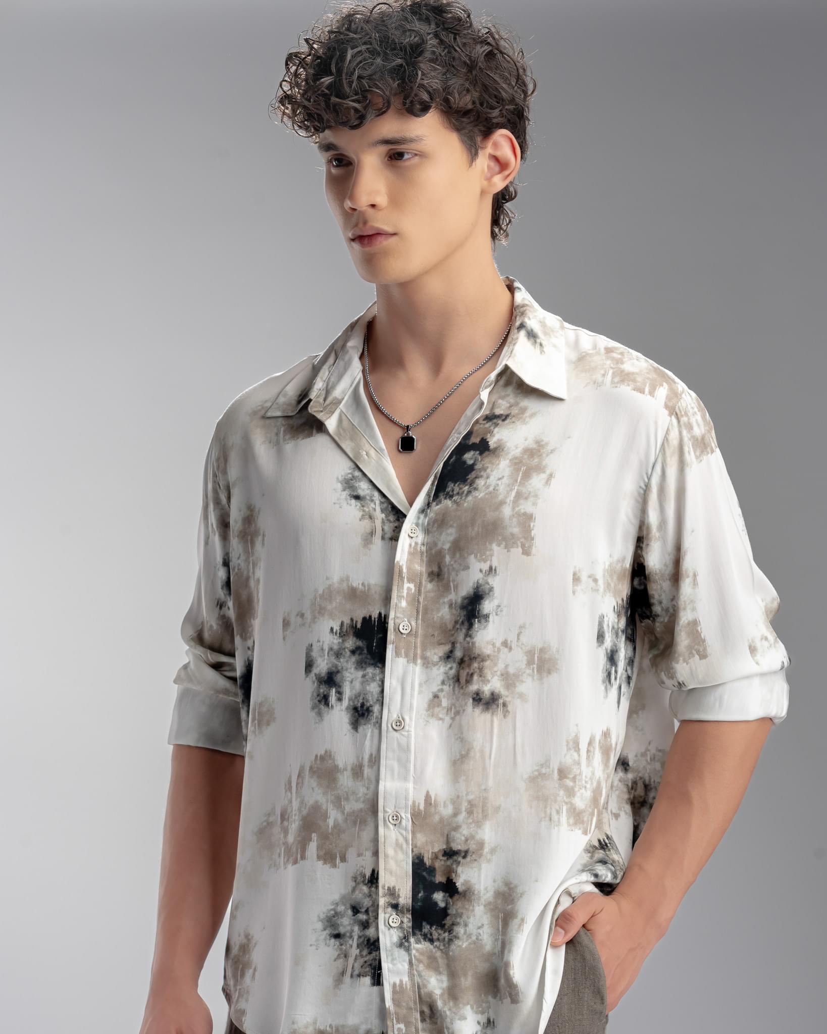 Snowpard Oslo Abstract Rayon Shirt Olive — print detail, olive abstract pattern