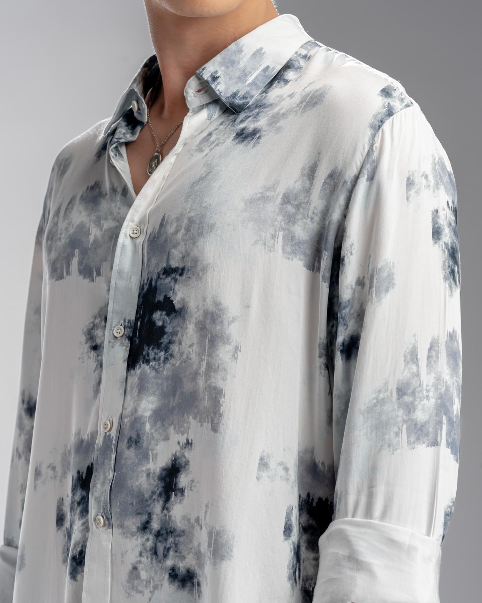 Snowpard Oslo Abstract Rayon Shirt White — print detail, fresh abstract pattern