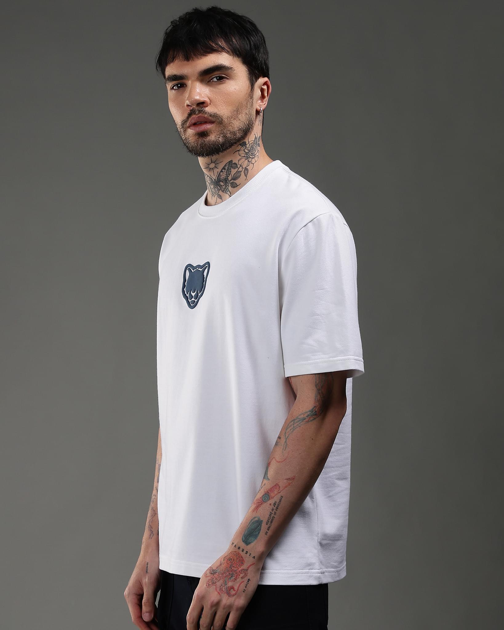 Snowpard Shadow Story Puff Print Tee White — side view, premium cotton regular fit tee