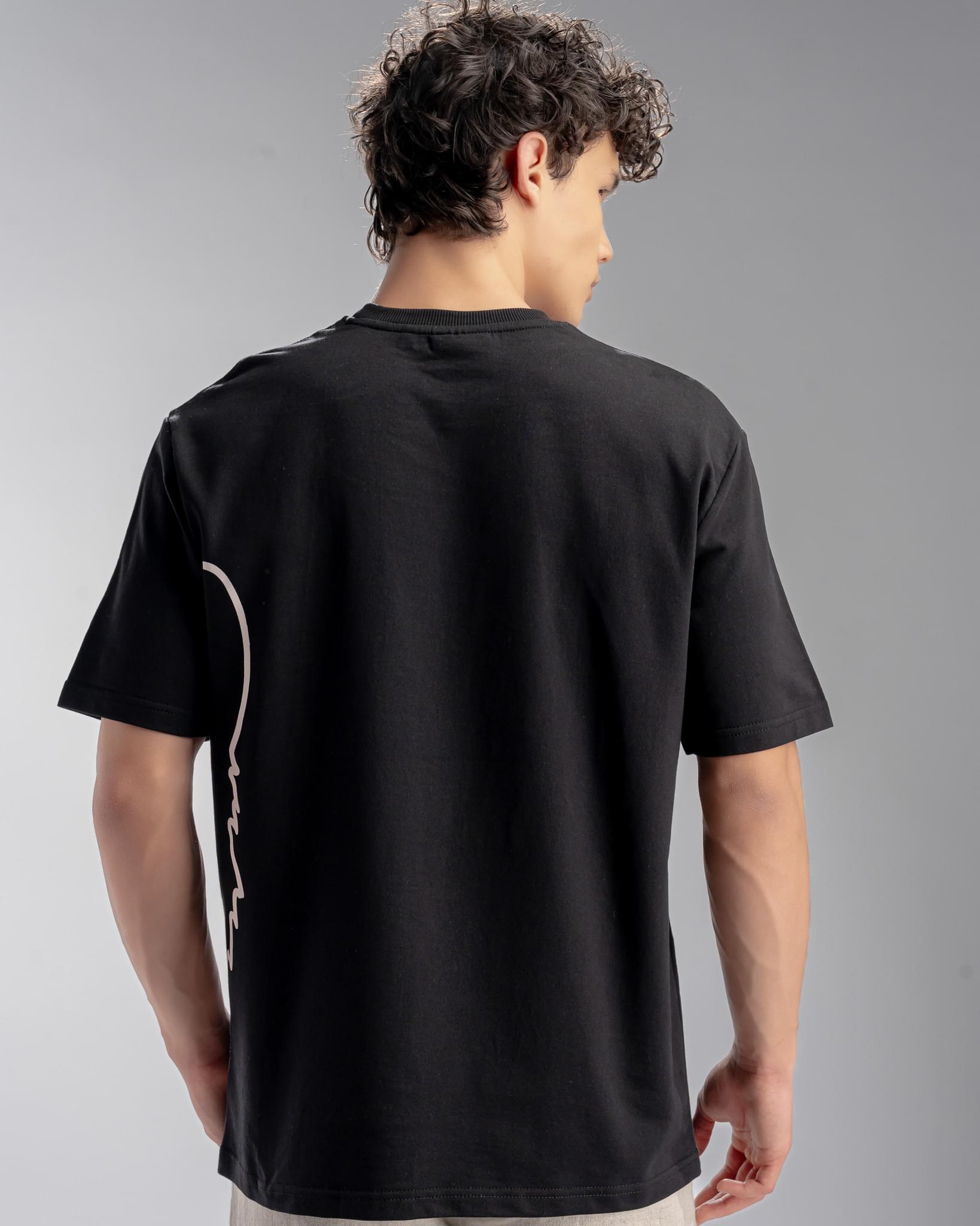Snowpard Signature Script Tee Black — detail view, diagonal script graphic