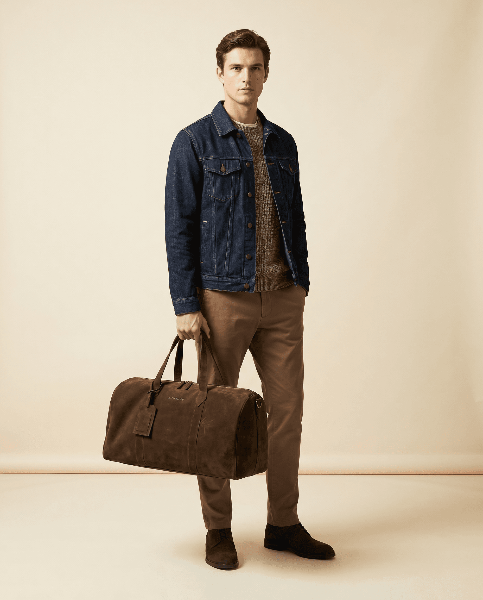 Snowpard Suru Duffel chocolate brown suede travel bag front view
