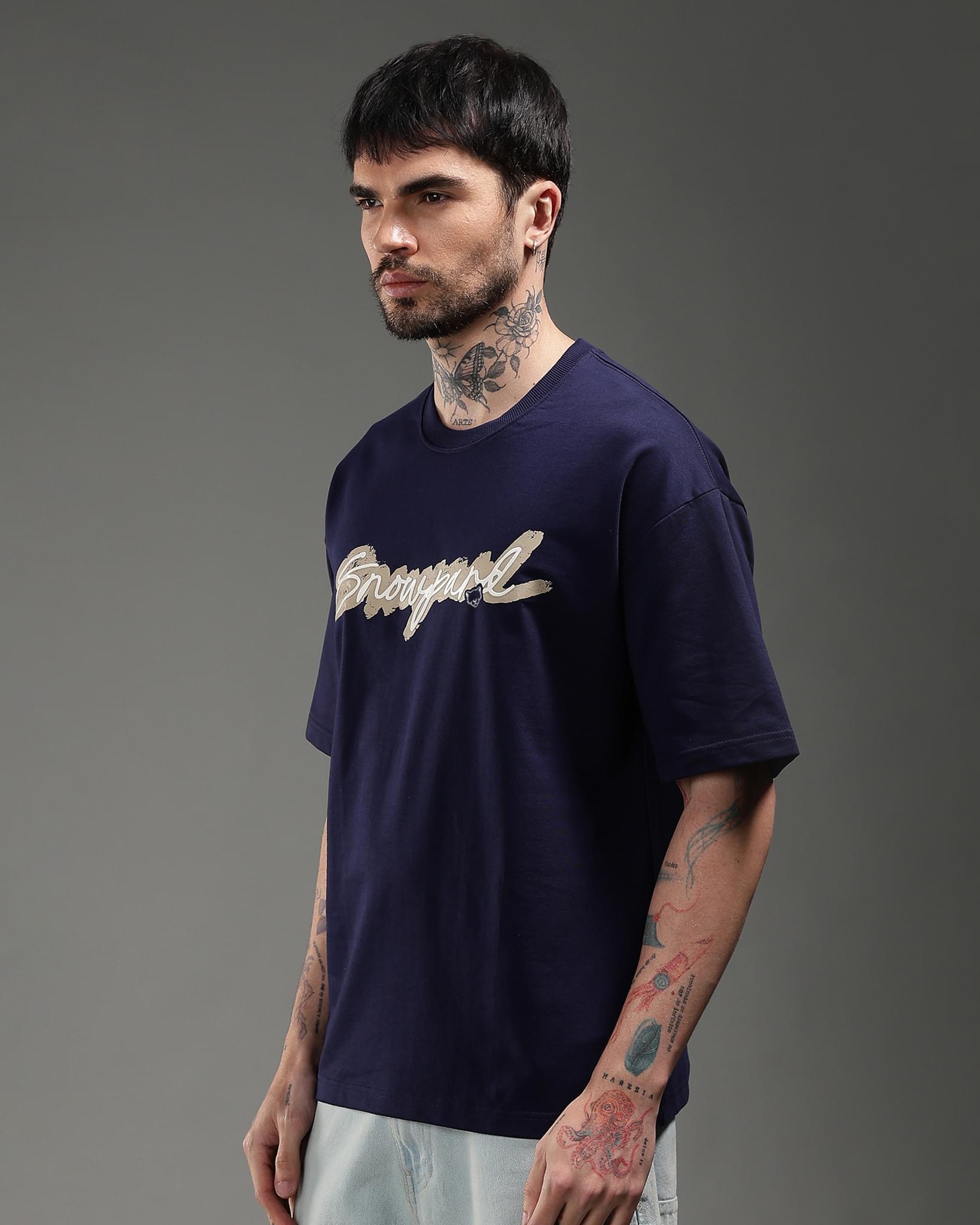 Snowpard The Art Relaxed Tee Navy — model shot, premium men's graphic t-shirt