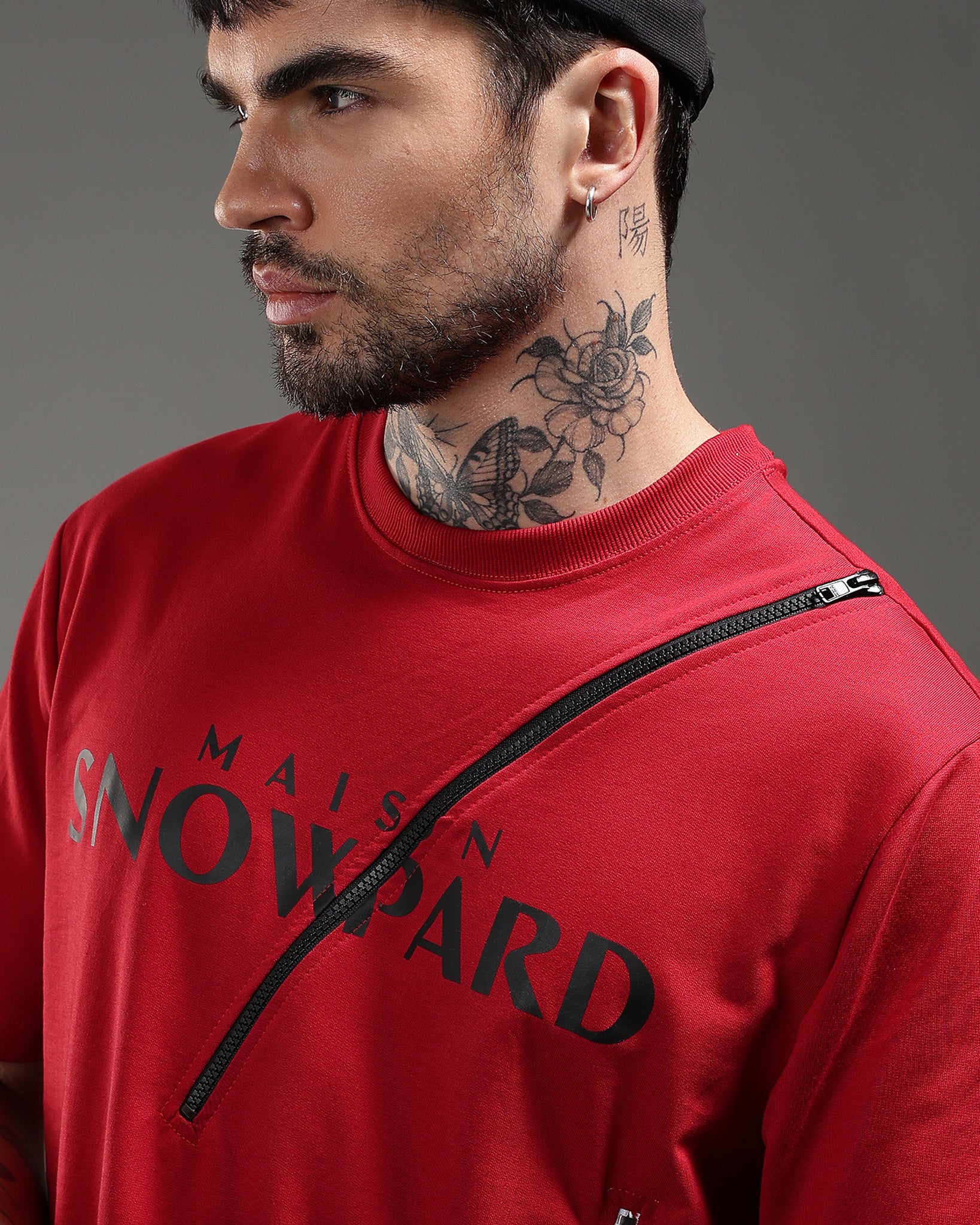 Snowpard Crimson Zip Relaxed Tee Red — front view, men's zipper detail t-shirt India