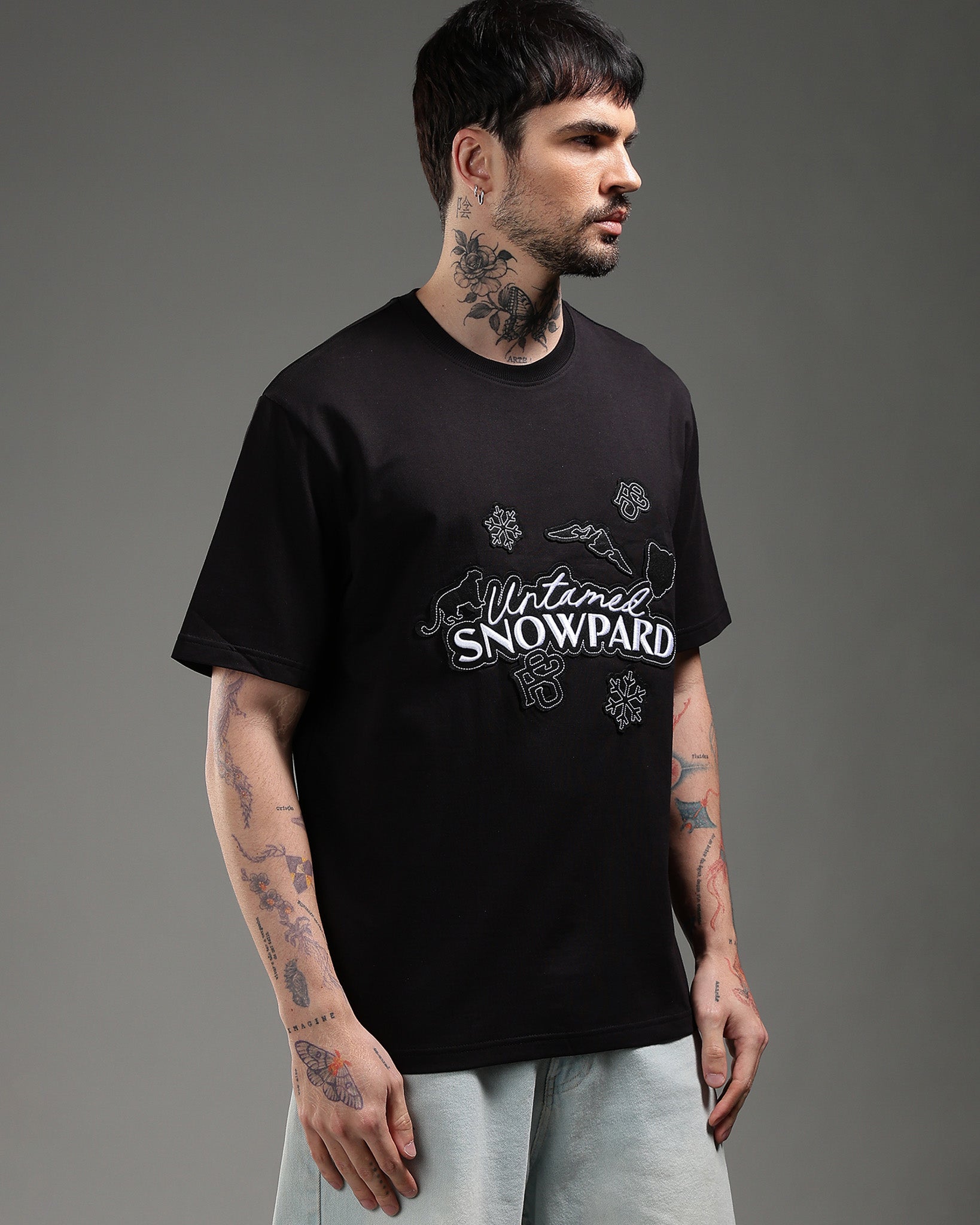 Snowpard Black Icon Embroidered Tee Black — front view, men's embroidered t-shirt India