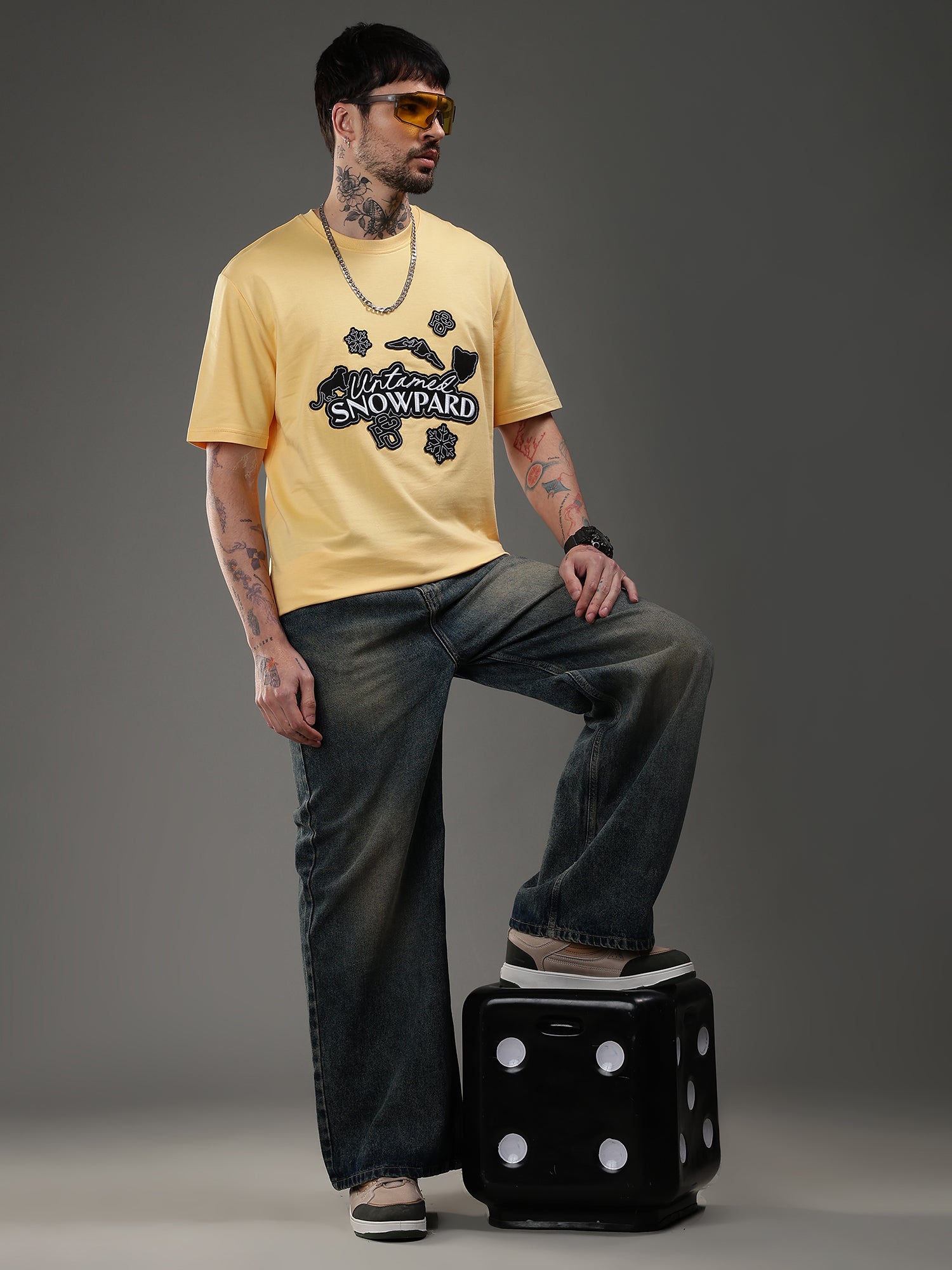 SNOWPARD Yellow Icon Patch T-Shirt Sun Yellow - Model Wearing | Premium Men's Fashion India