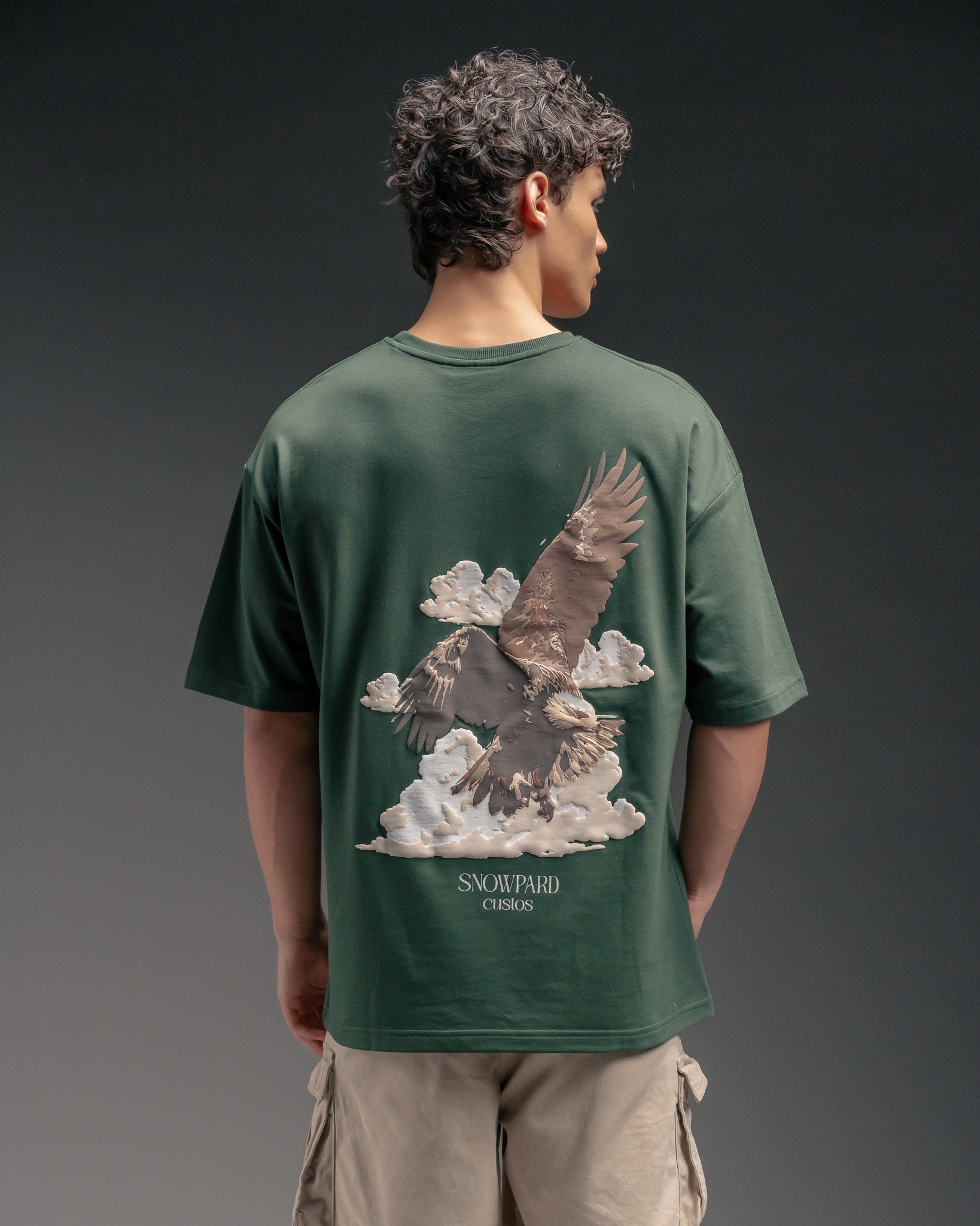Snowpard Custos Relaxed Tee Forest Green — front view, men's embroidered t-shirt India