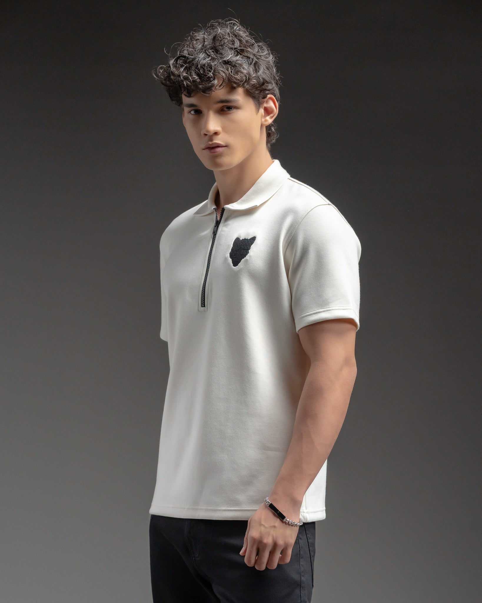 Snowpard Milan Zip Polo White — side view, scuba fabric smart casual polo