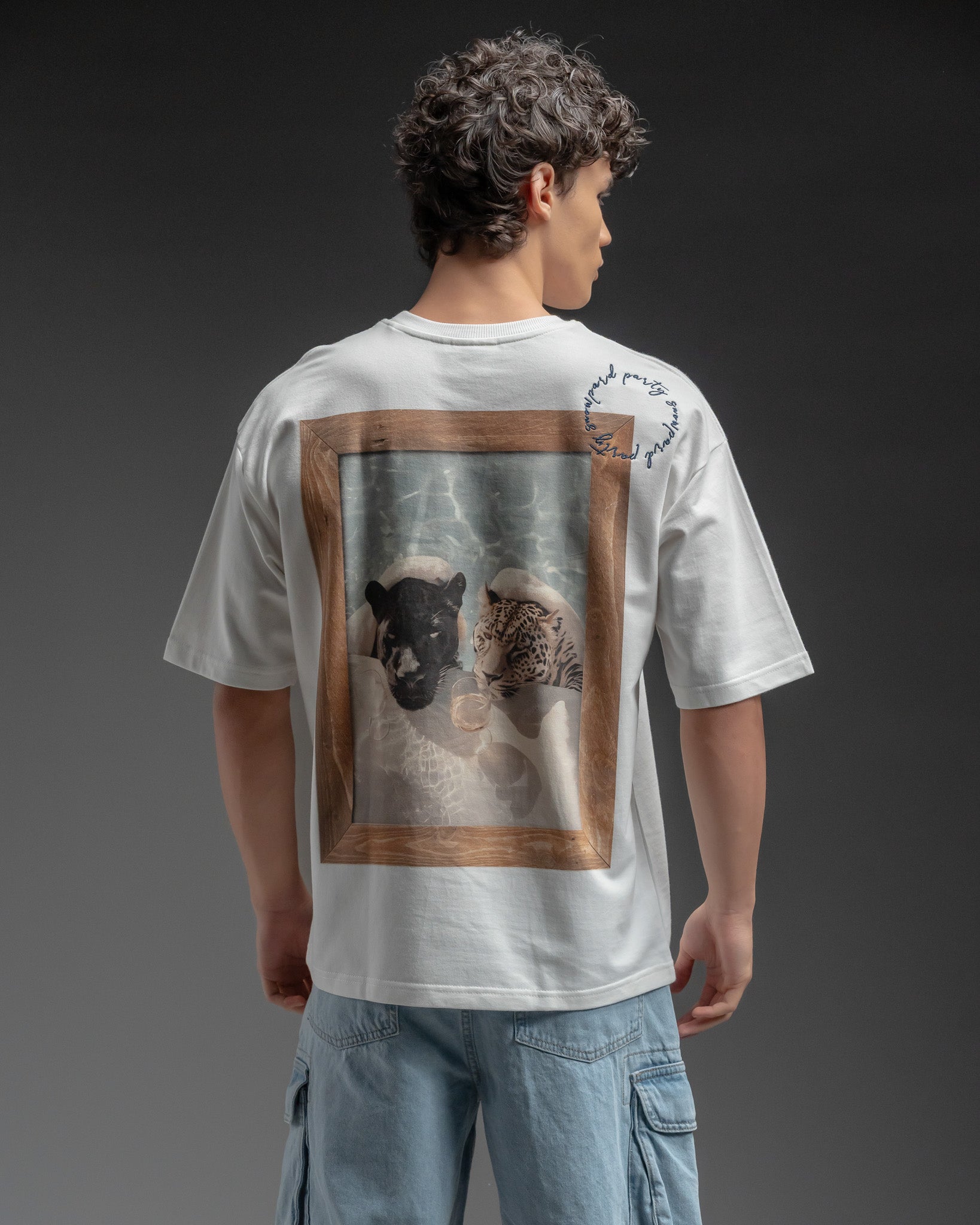 Snowpard Party Oversized Tee Off White — front view, men's graphic oversized t-shirt India