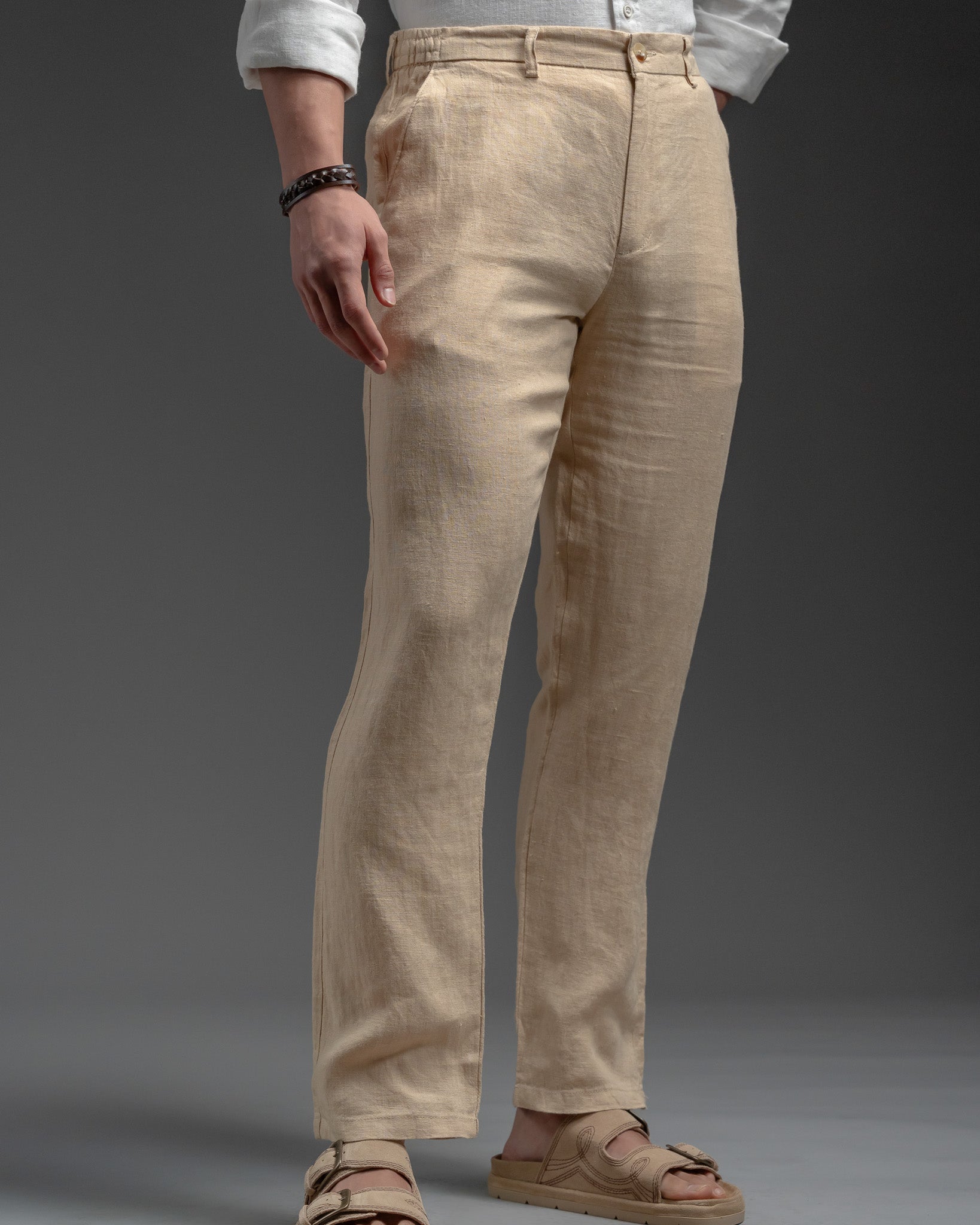 Snowpard Lino Linen Trouser Beige — side view, relaxed fit linen trousers