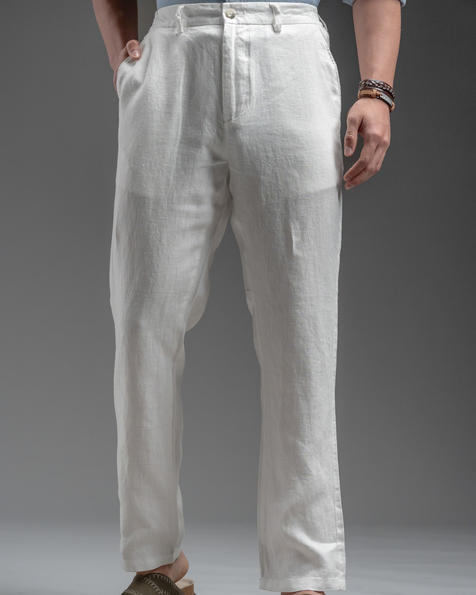 Snowpard Lino Linen Trouser White — side view, relaxed fit linen trousers
