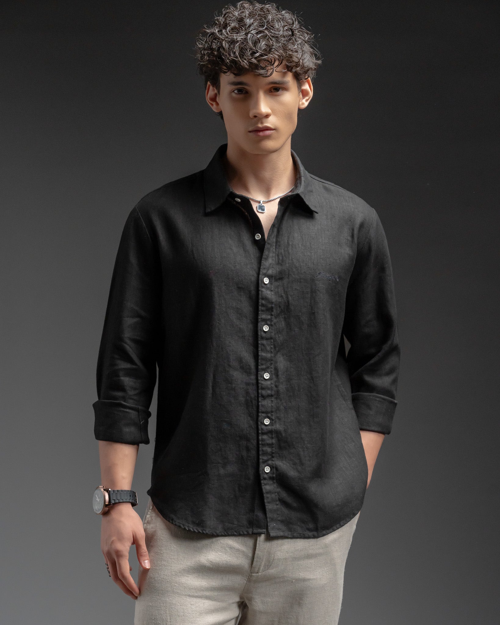 Snowpard Lucca Linen Shirt Black — front view, men's 100% linen shirt India