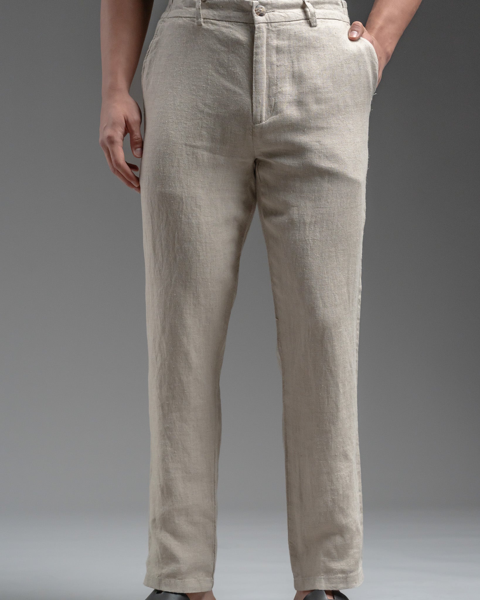 Snowpard Lino Linen Trouser Sand — side view, relaxed fit linen trousers