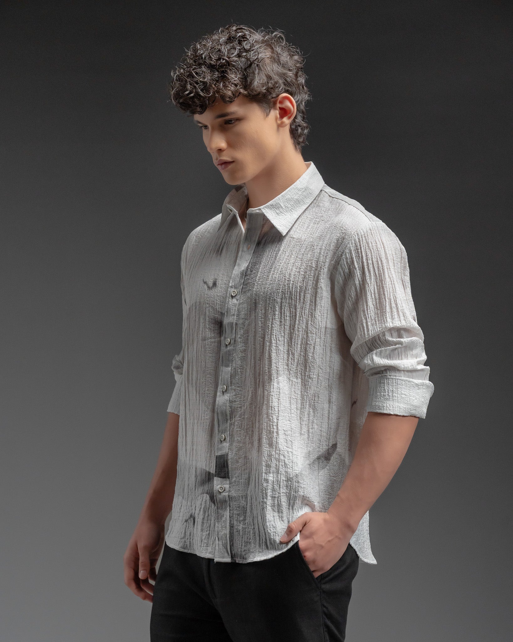 Snowpard Riva Crinkle Shirt White — side view, textured crinkle finish shirt