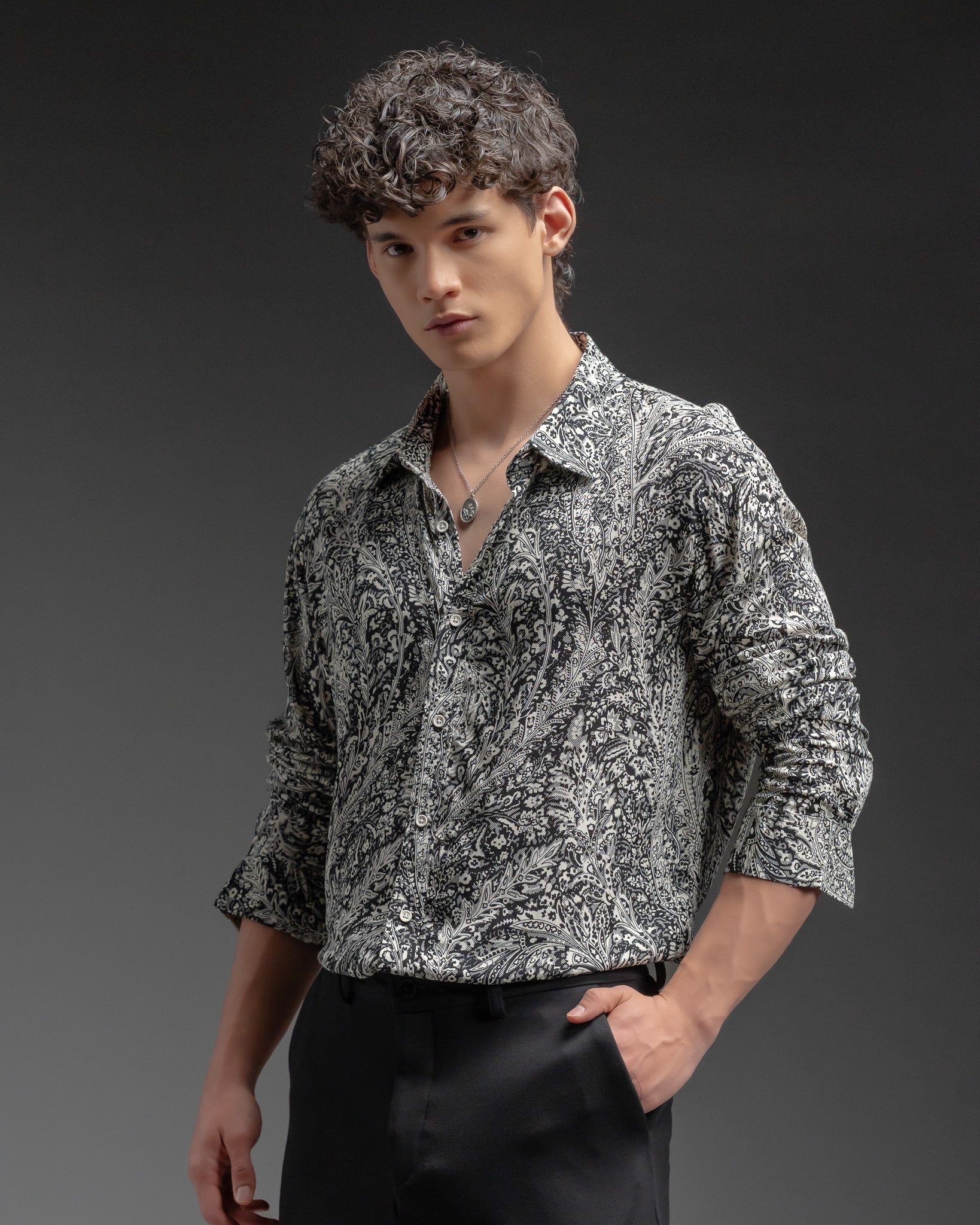 Snowpard Sion Paisley Rayon Shirt — side view, all-over paisley print casual shirt