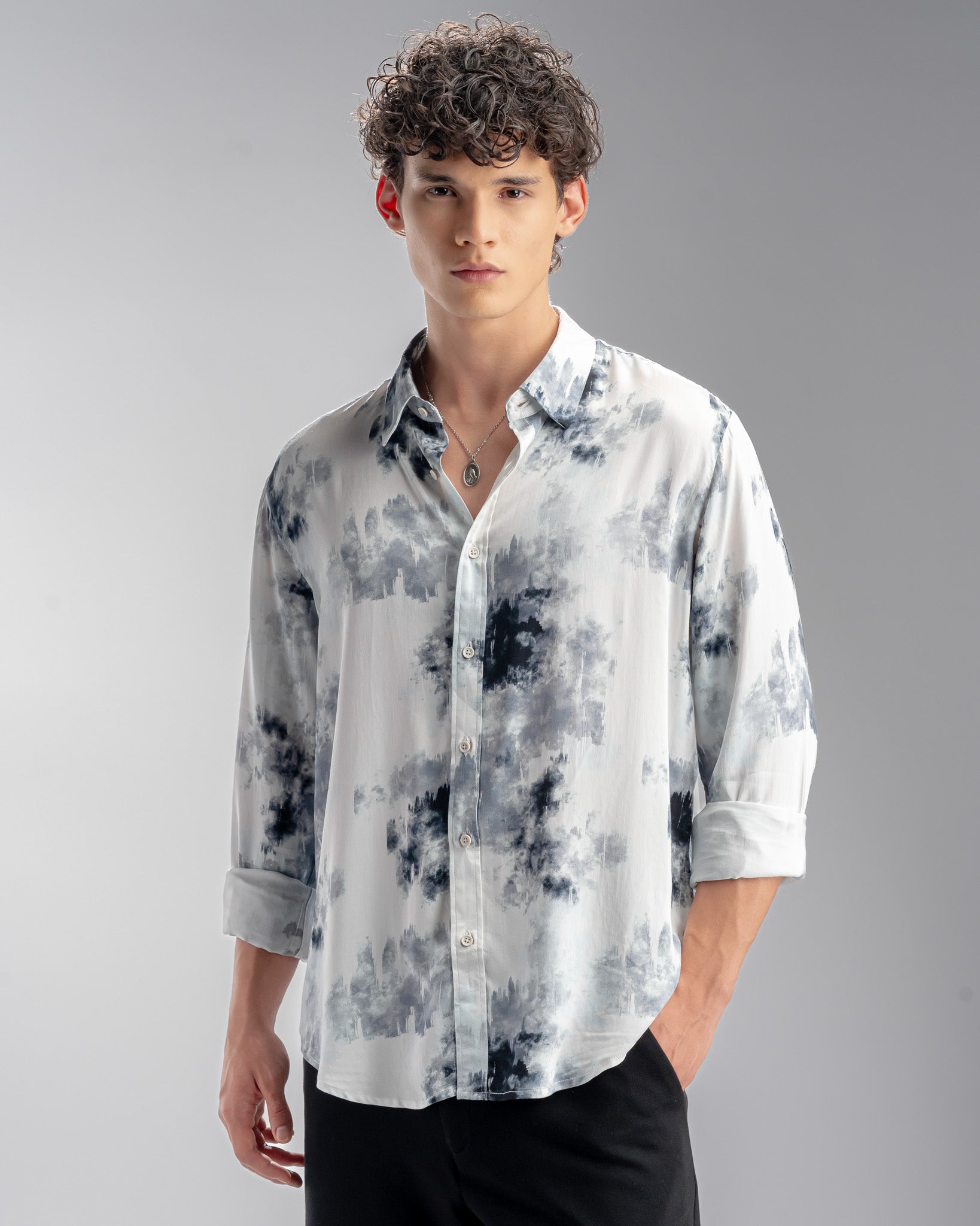 Snowpard Oslo Abstract Rayon Shirt White — front view, men's abstract print shirt India
