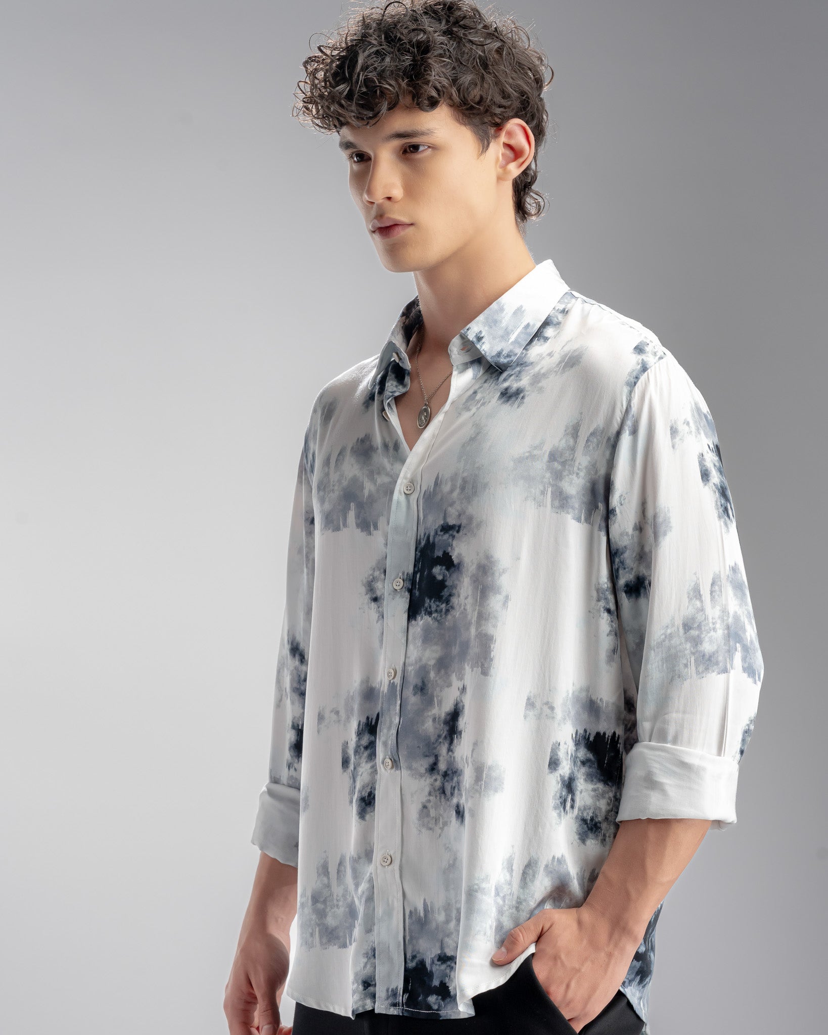 Snowpard Oslo Abstract Rayon Shirt White — side view, contemporary rayon shirt