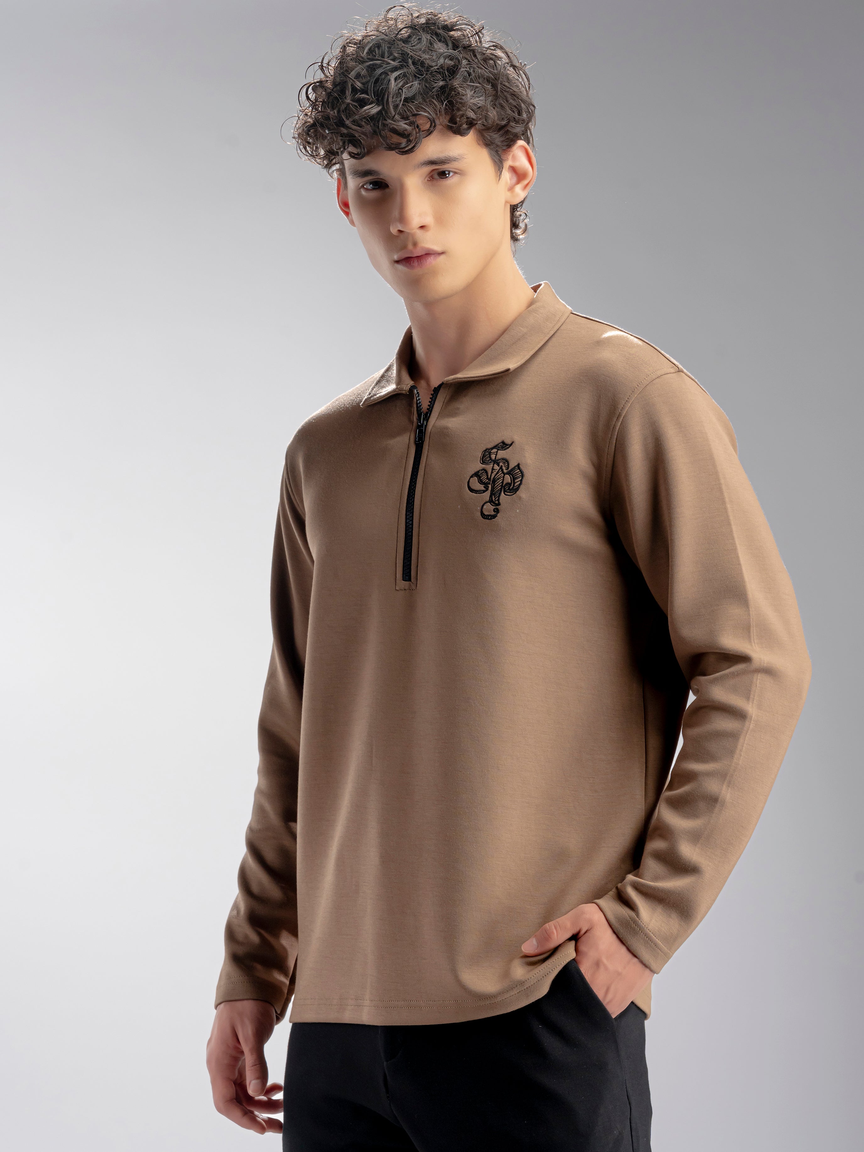 Zipper Long Sleeve Polo Shirt