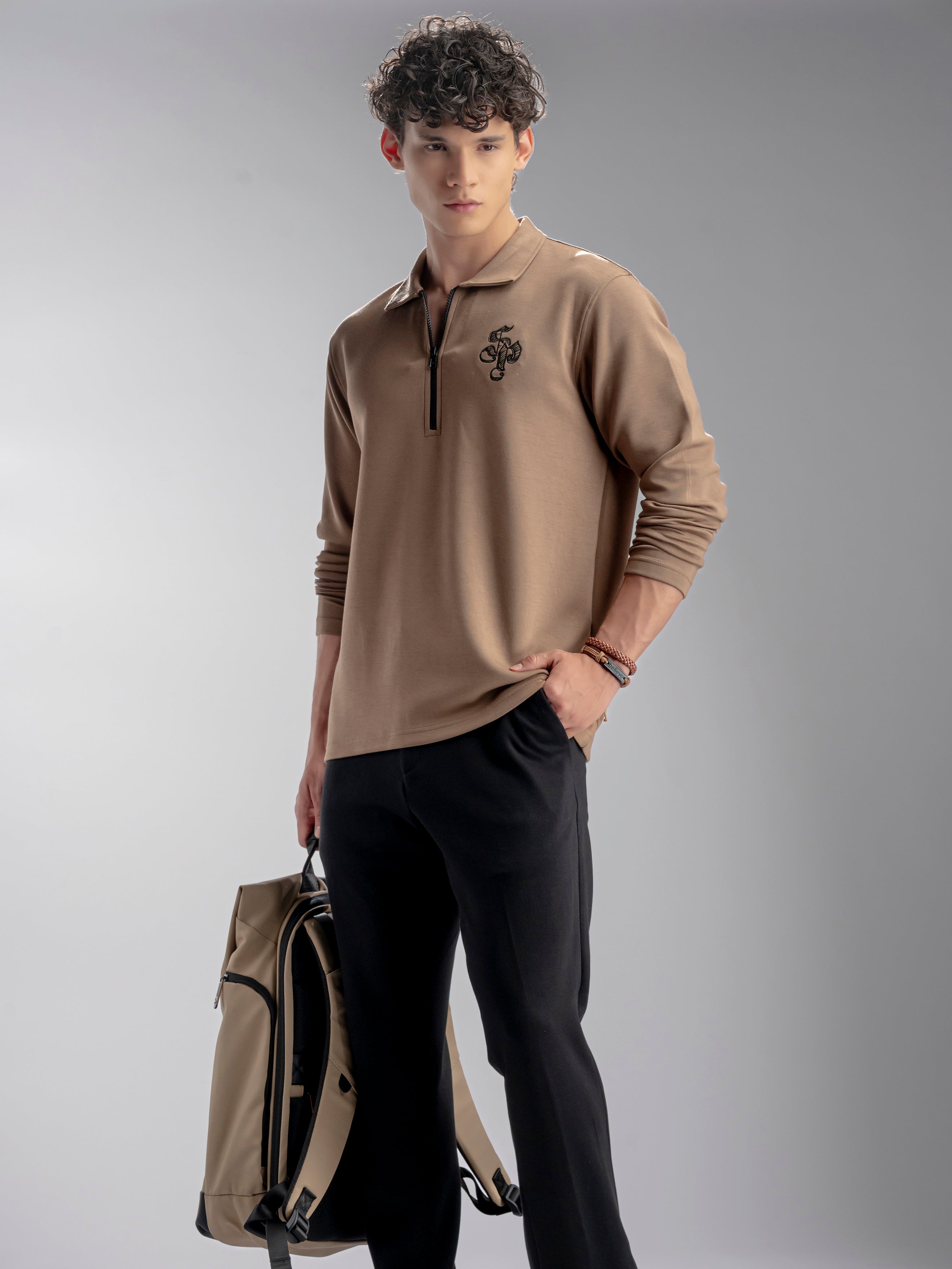 Zipper Long Sleeve Polo Shirt