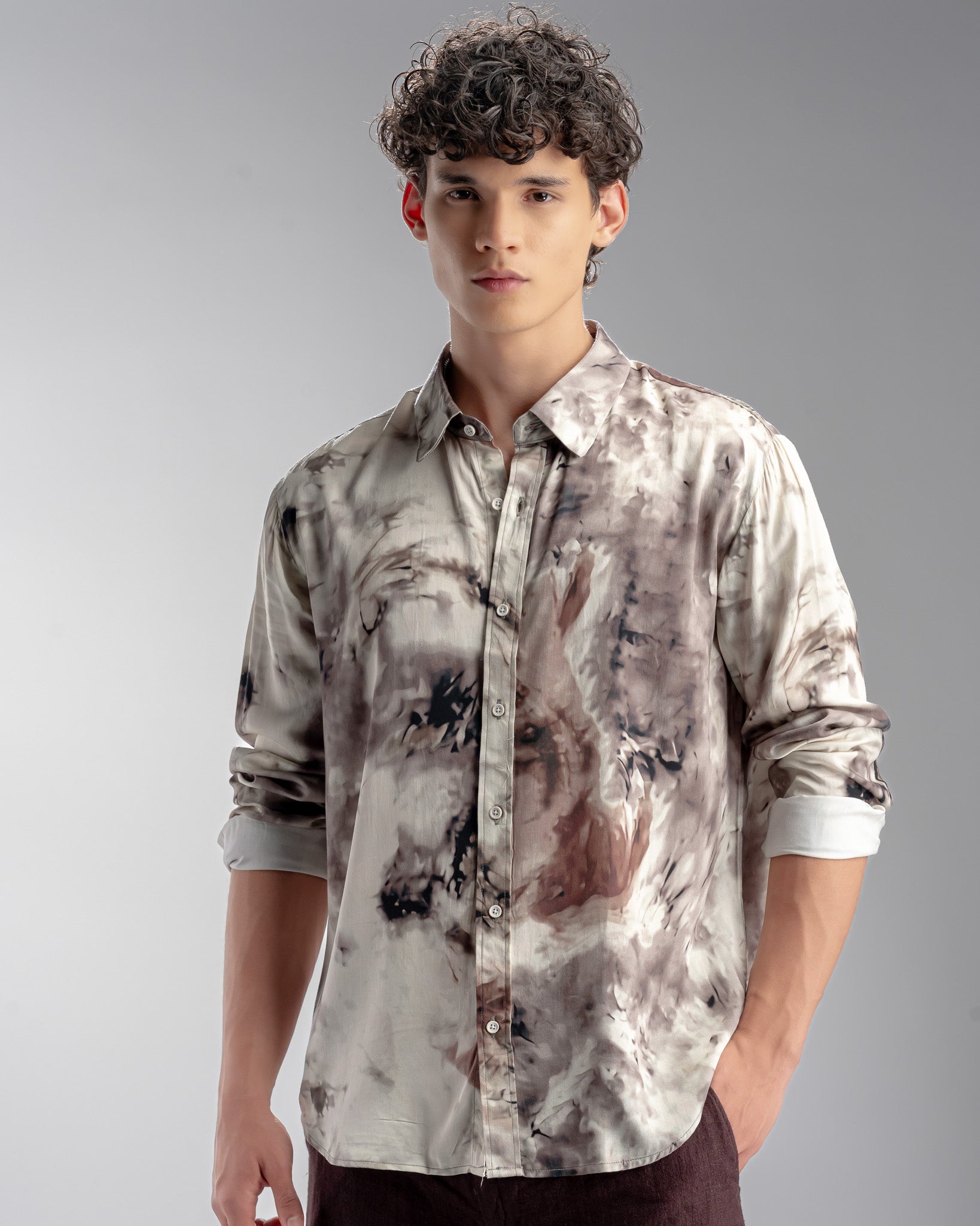 Snowpard Oslo Abstract Rayon Shirt Brown — front view, men's abstract print shirt India