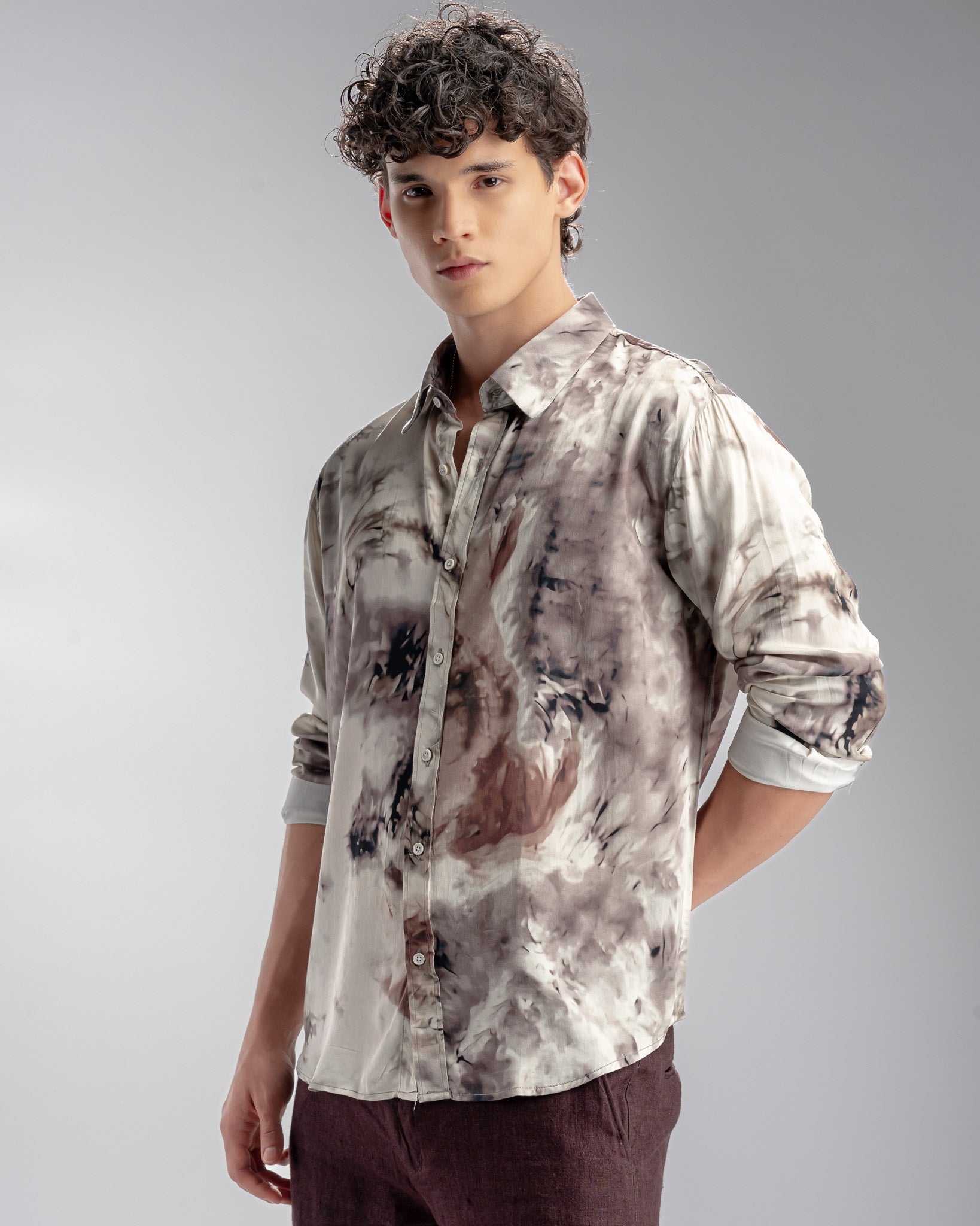 Snowpard Oslo Abstract Rayon Shirt Brown — side view, earthy abstract rayon shirt