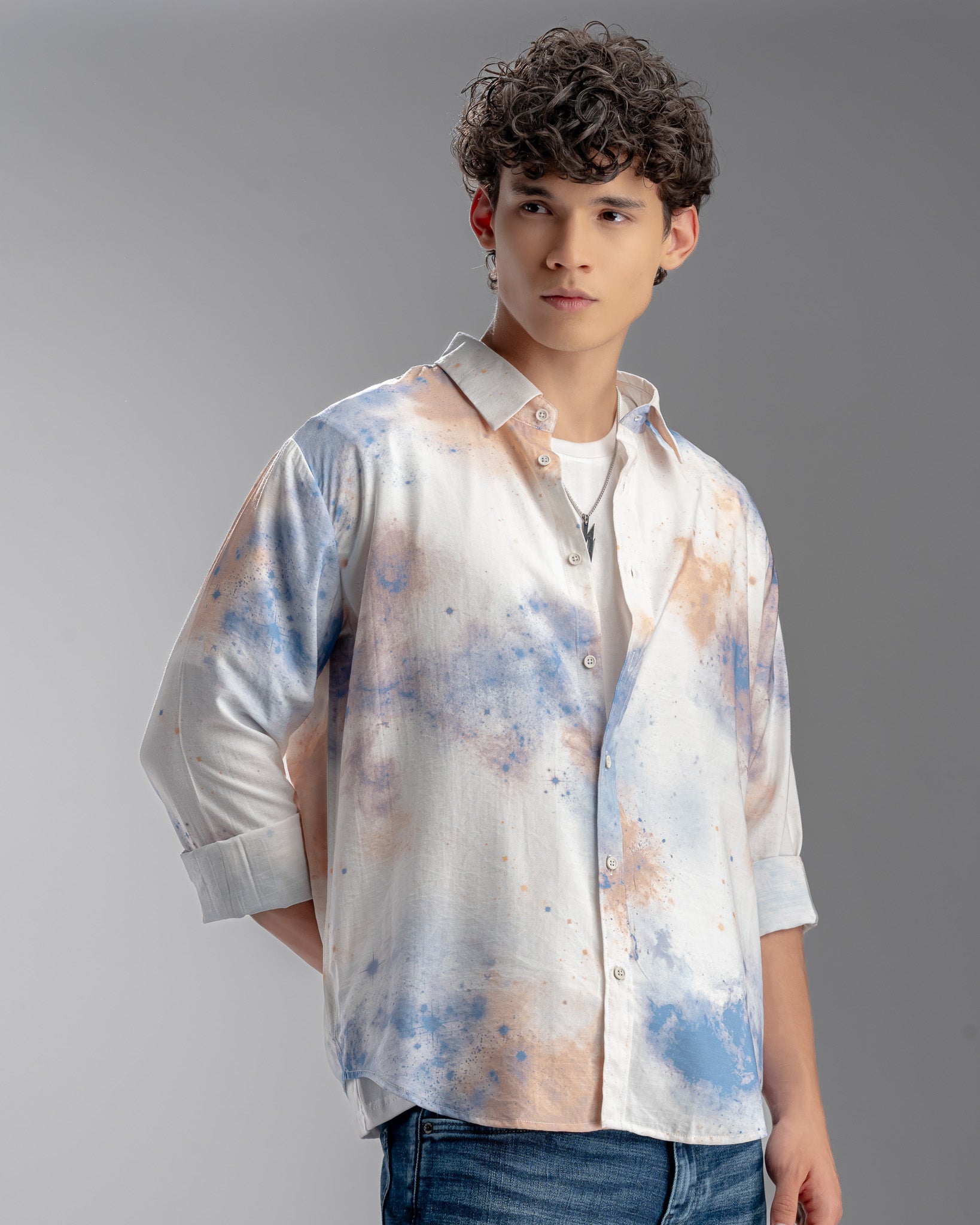 Snowpard Alta Abstract Rayon Shirt — side view, fluid abstract print shirt