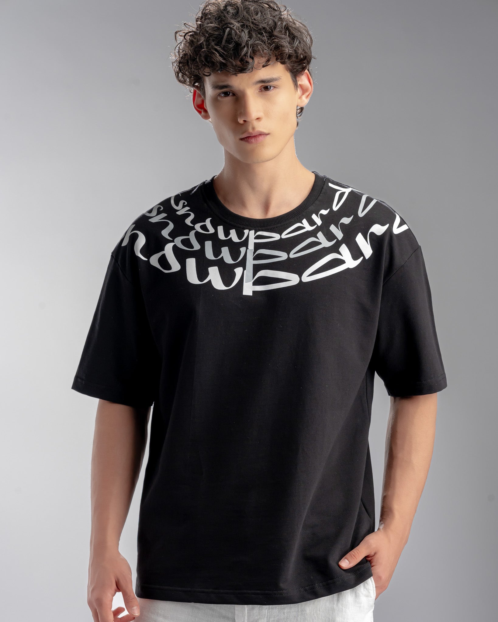 Snowpard Neck Script Oversized Tee Black — front view, men's typographic oversized tee India