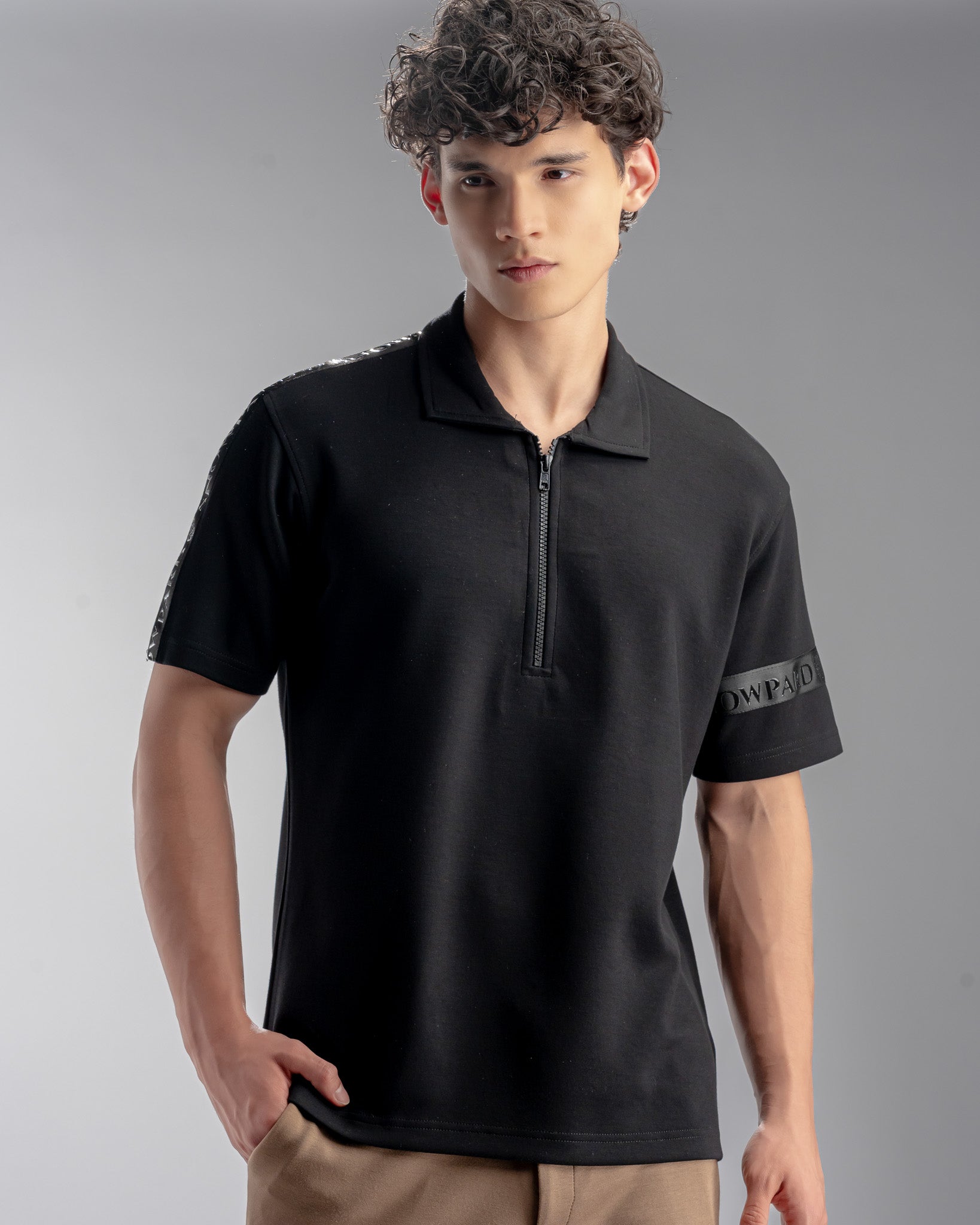 Snowpard Milan Zip Polo Black — front view, men's zip collar polo shirt India
