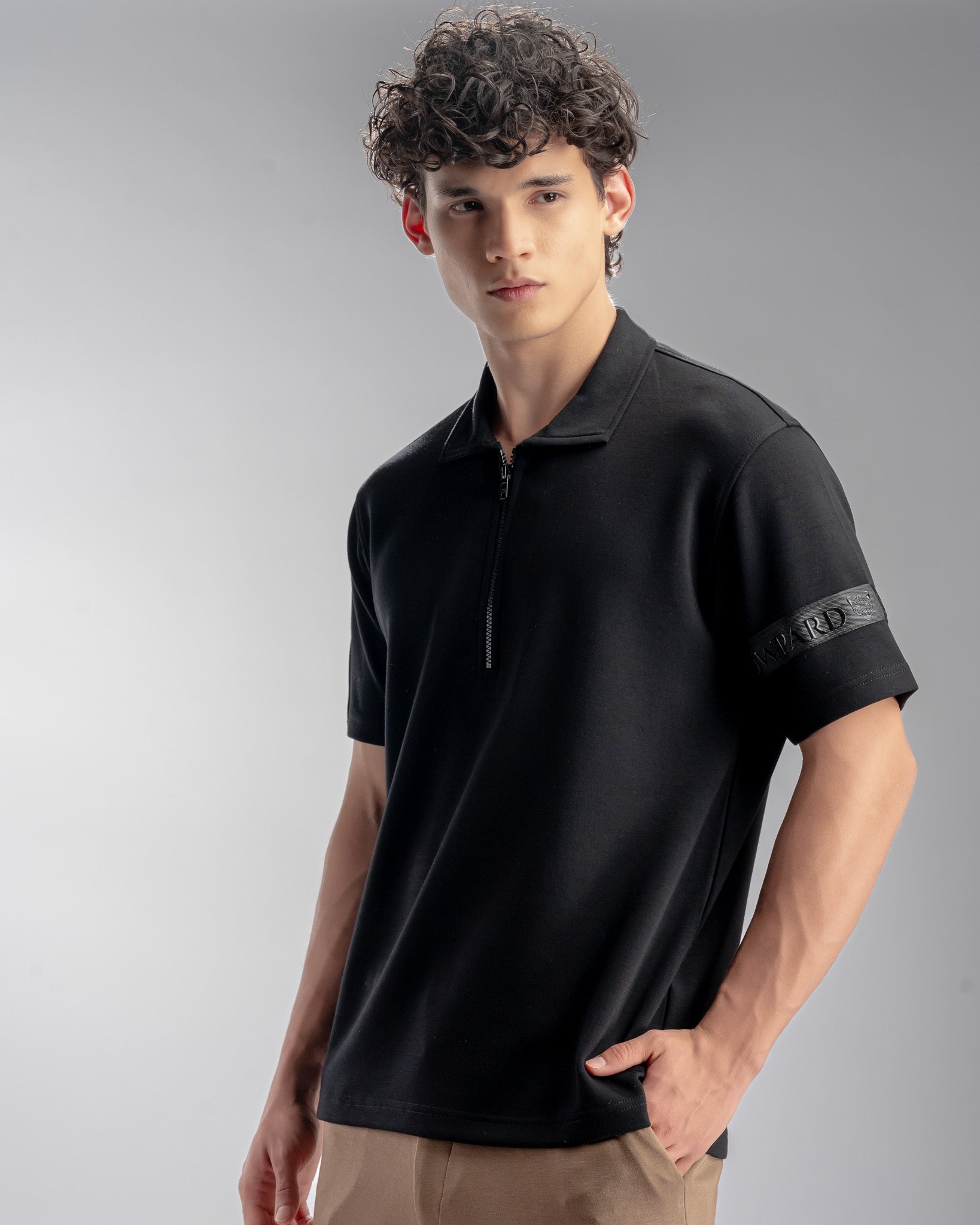 Snowpard Milan Zip Polo Black — side view, scuba fabric smart casual polo
