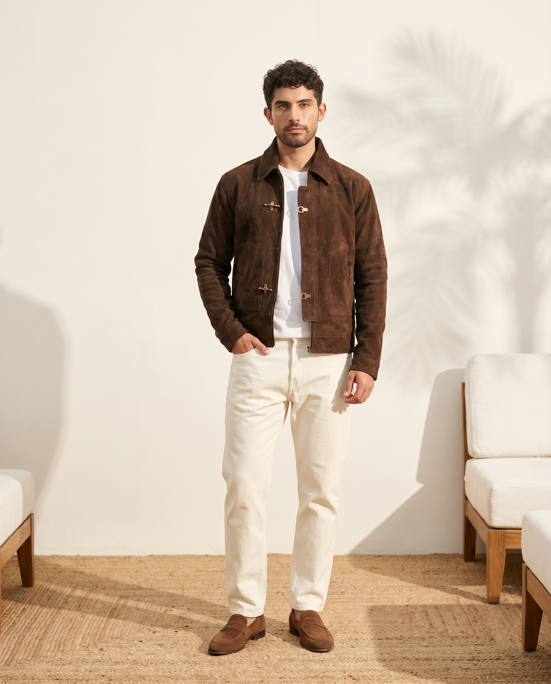 Snowpard Chocolate Brown Equestrian Suede Jacket — side profile, genuine suede