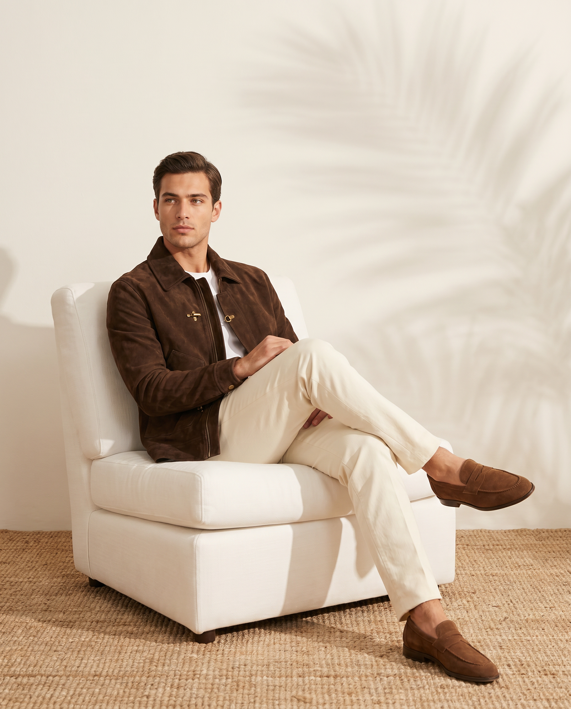 Snowpard Chocolate Brown Equestrian Suede Jacket — collar and clasp detail, premium suede