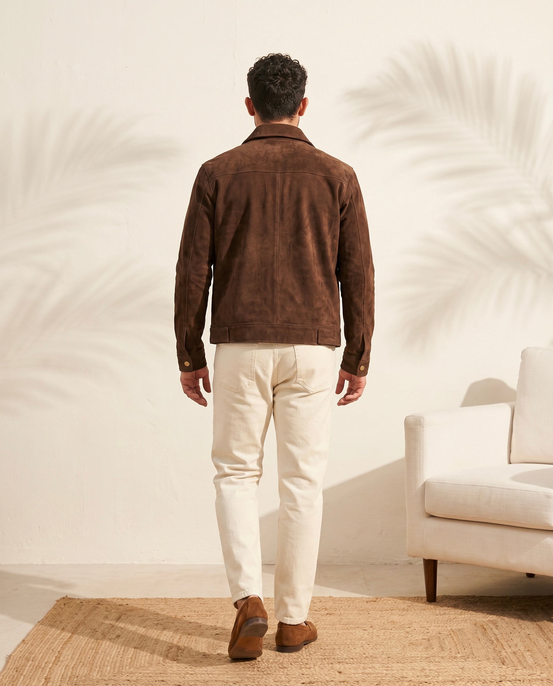 Snowpard Chocolate Brown Equestrian Suede Jacket — close-up chocolate brown suede texture