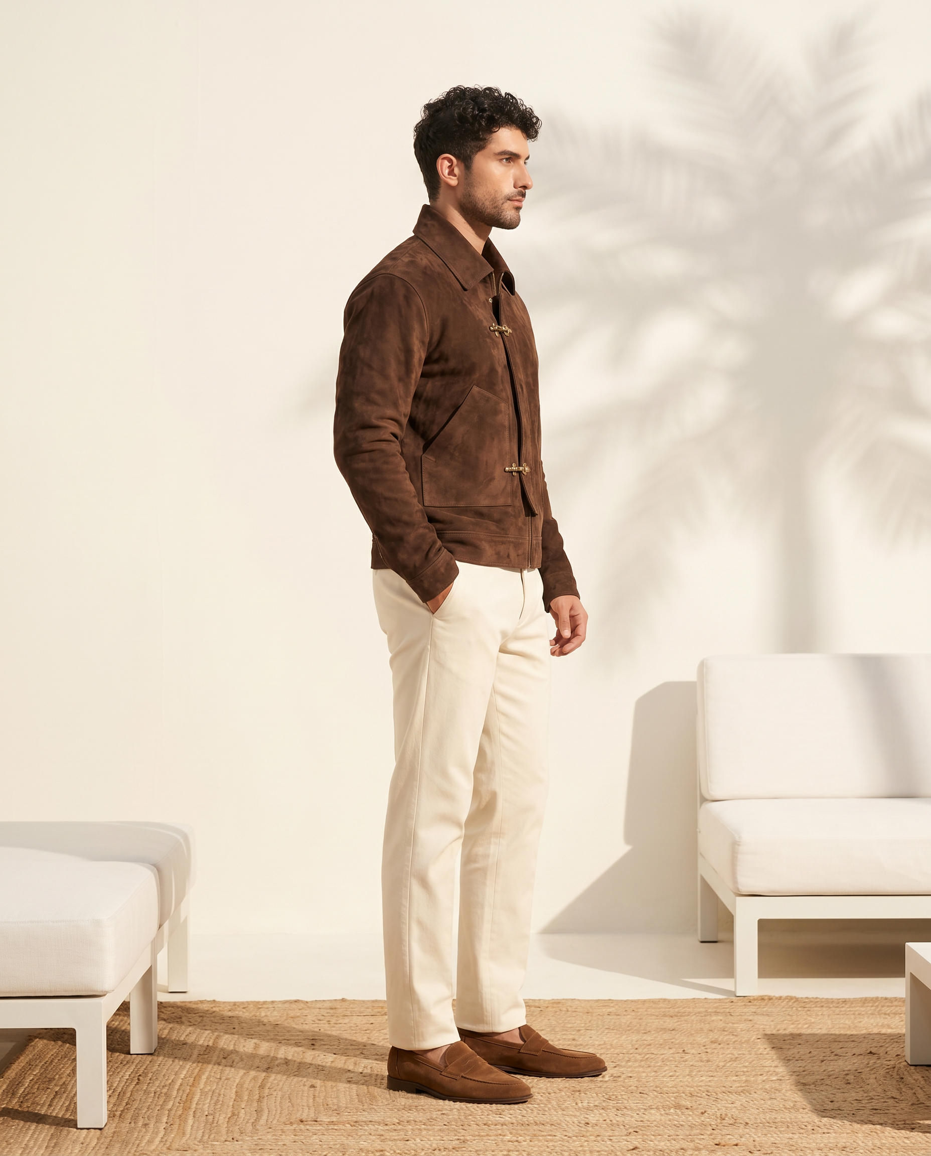 Snowpard Chocolate Brown Equestrian Suede Jacket — full length on model, Zanskar Collection